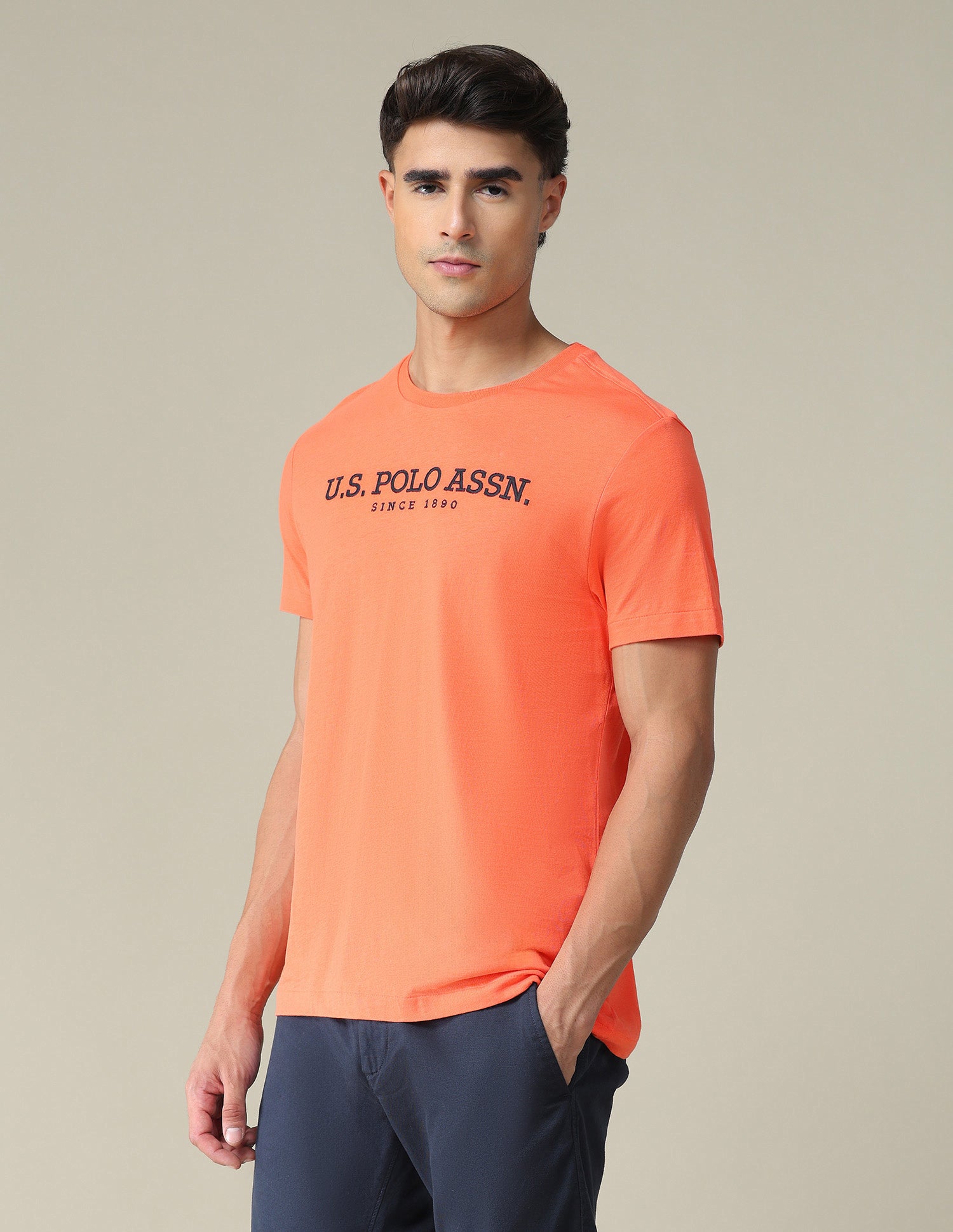 Brand Embroidered Cotton T-Shirt Orange - U.S. POLO ASSN. | Large