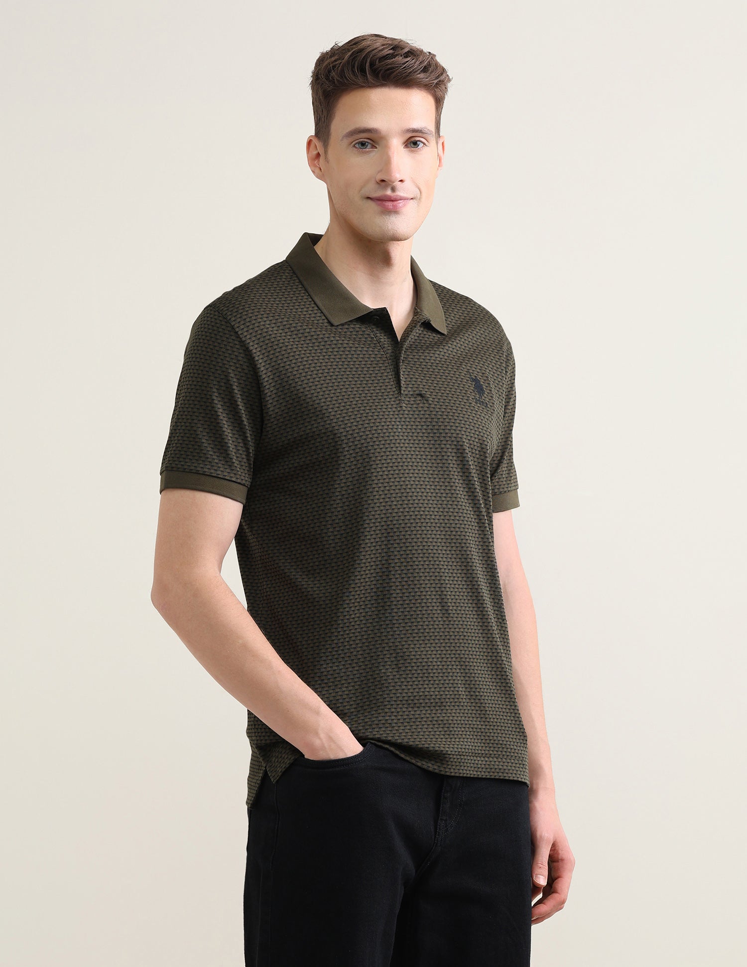 Geometric Printed Slim Fit Polo Shirt Olive - U.S. Polo Assn. India | Large