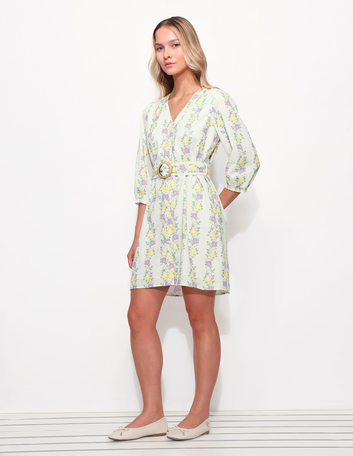 Floral Printed A-Line Dress With Belt White - U.S. Polo Assn. India | Large