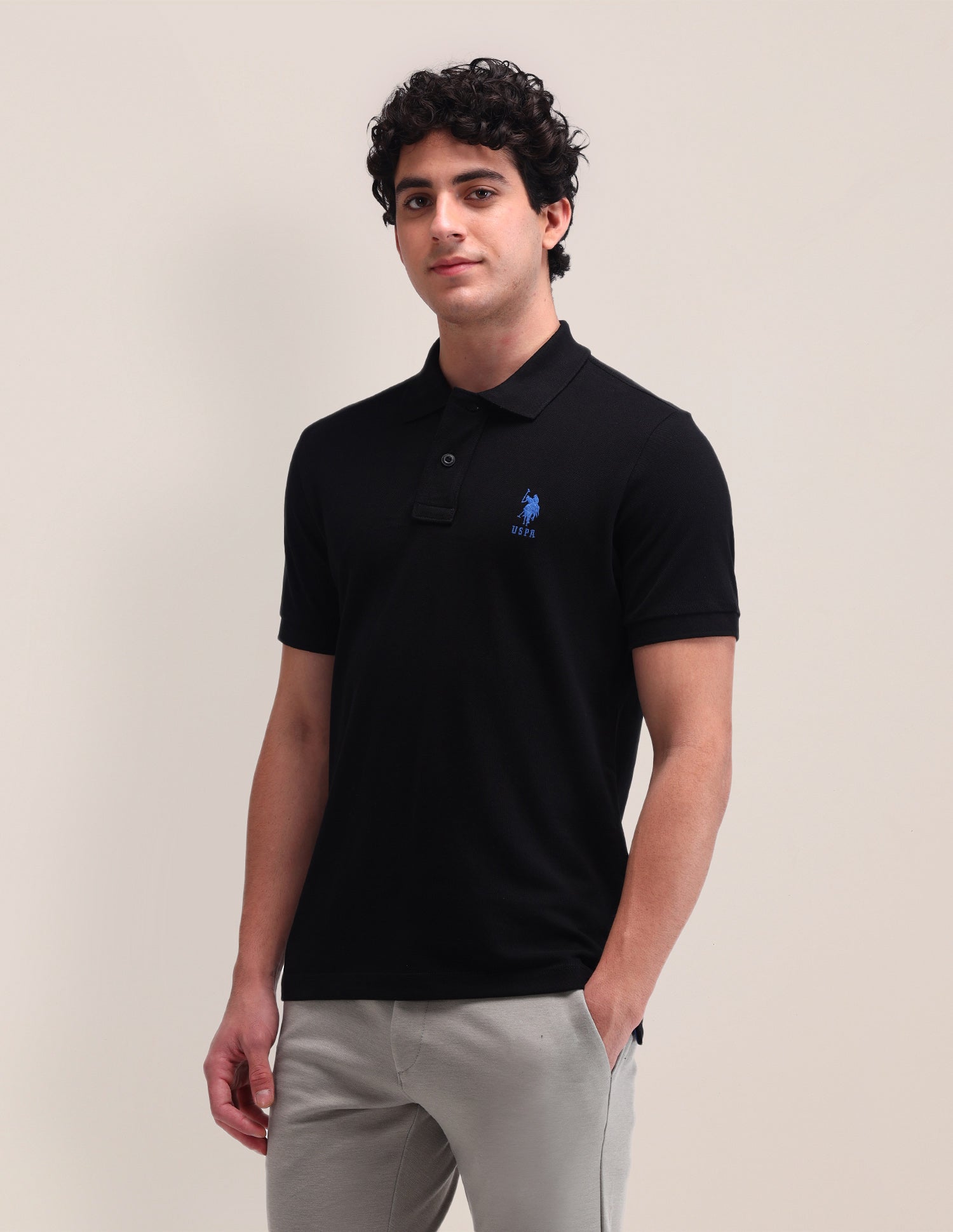 Solid Cotton Slim Fit Polo Shirt Black - U.S. Polo Assn. India | Large