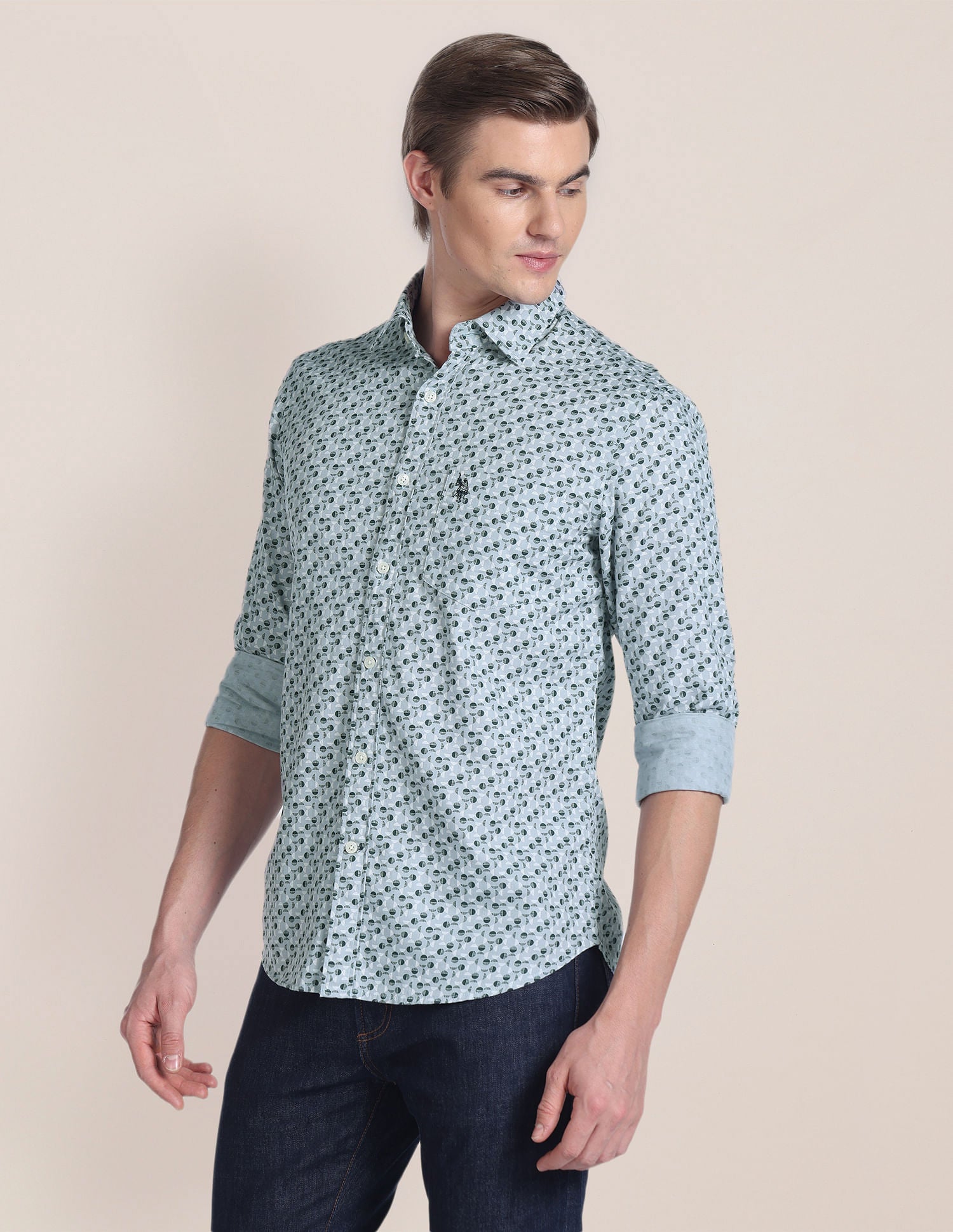Pure Cotton Geometric Print Shirt Grey - U.S. POLO ASSN. | Large