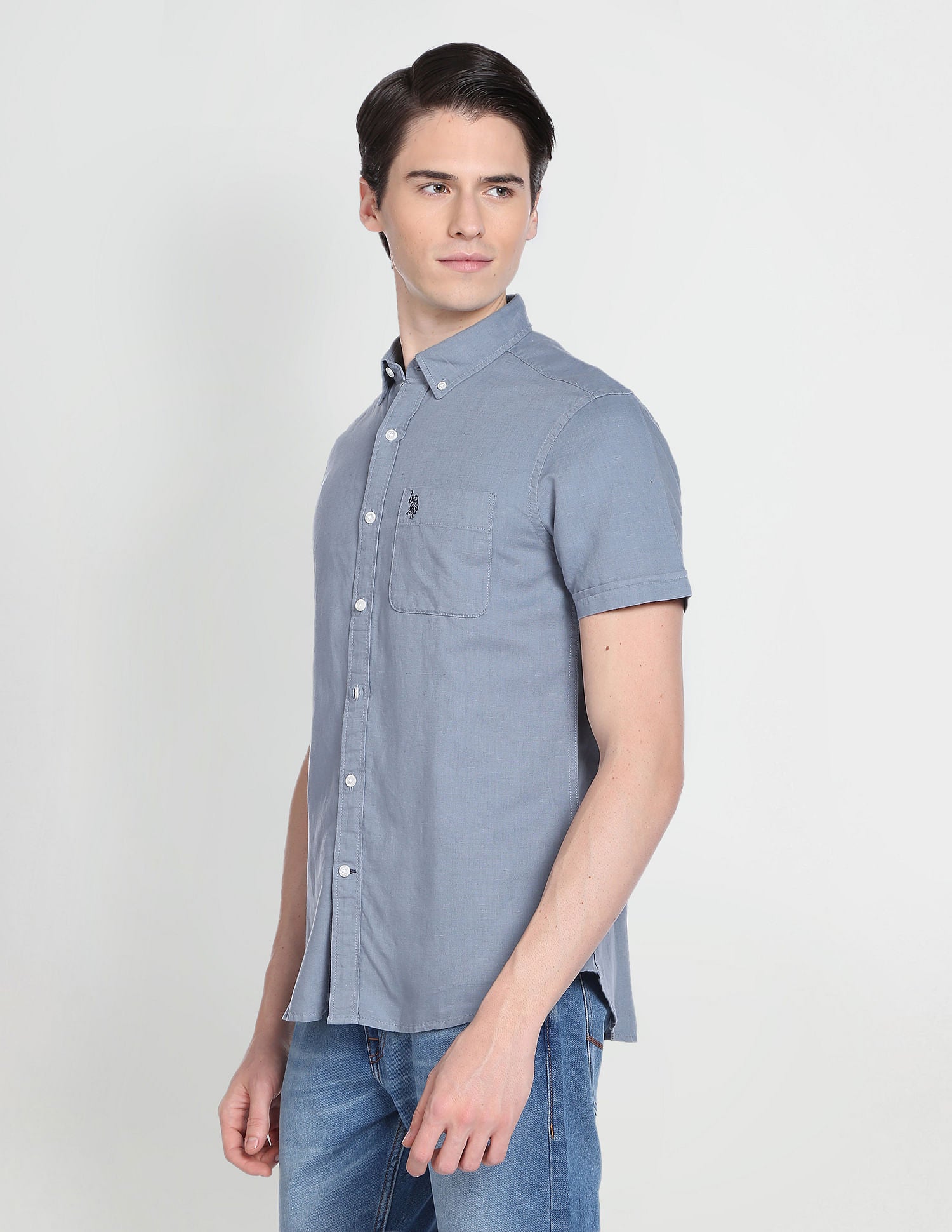 Button Down Collar Overdyed Solid Shirt Steel Blue - U.S. Polo Assn. India | Large