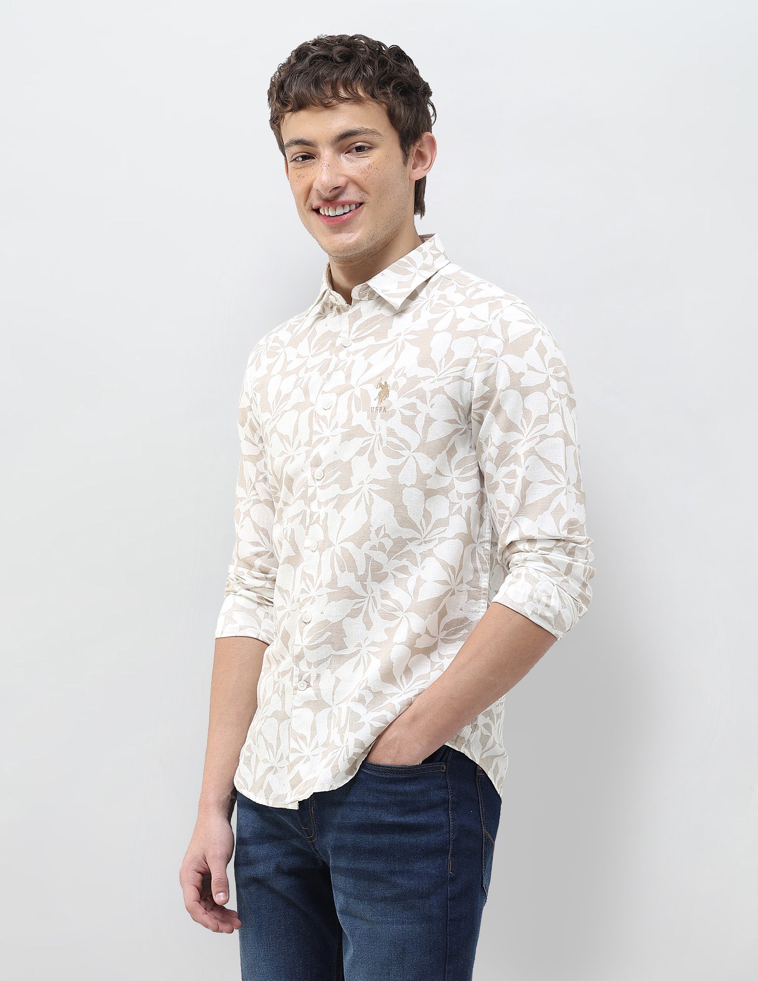 Floral Printed Regular Fit Shirt Beige - U.S. Polo Assn. India | Large
