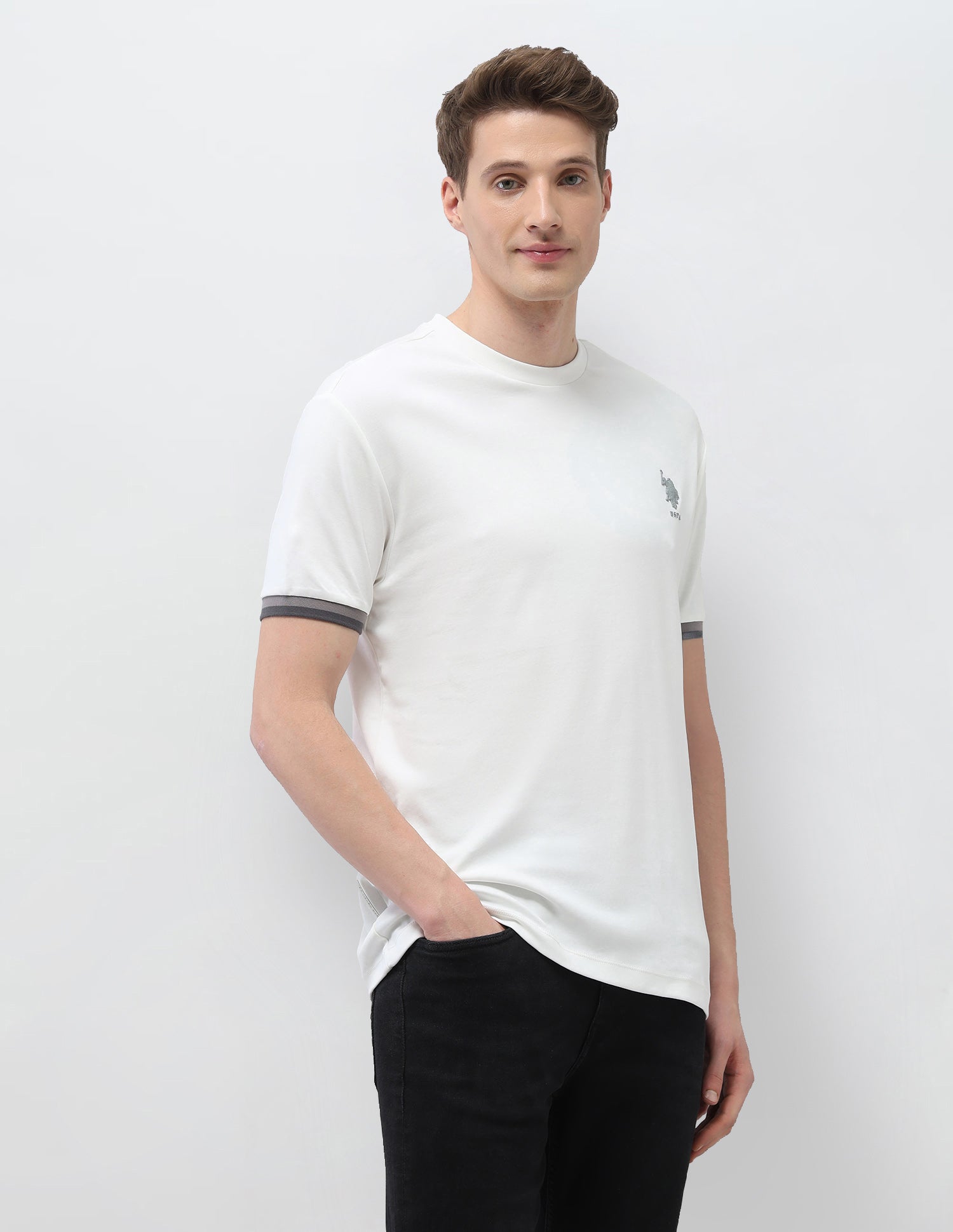 Solid Slim Fit Black & Gold T-Shirt Ivory - U.S. Polo Assn. India | Large