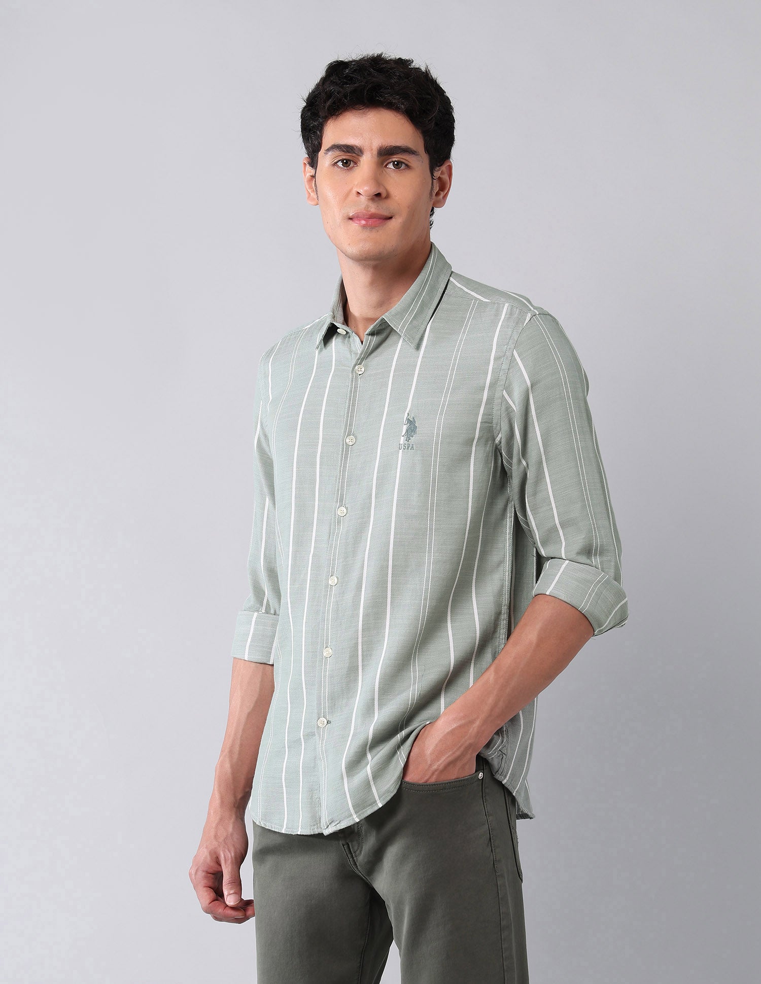 Vertical Striped Pure Cotton Shirt Light Green - U.S. Polo Assn. India | Large