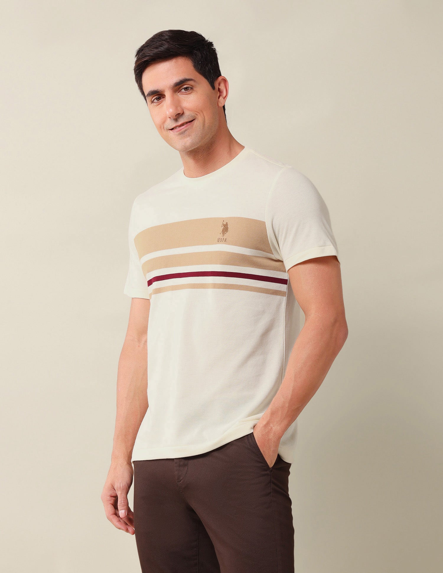 Horizontal Striped Slim Fit T-Shirt Beige - U.S. Polo Assn. India | Large