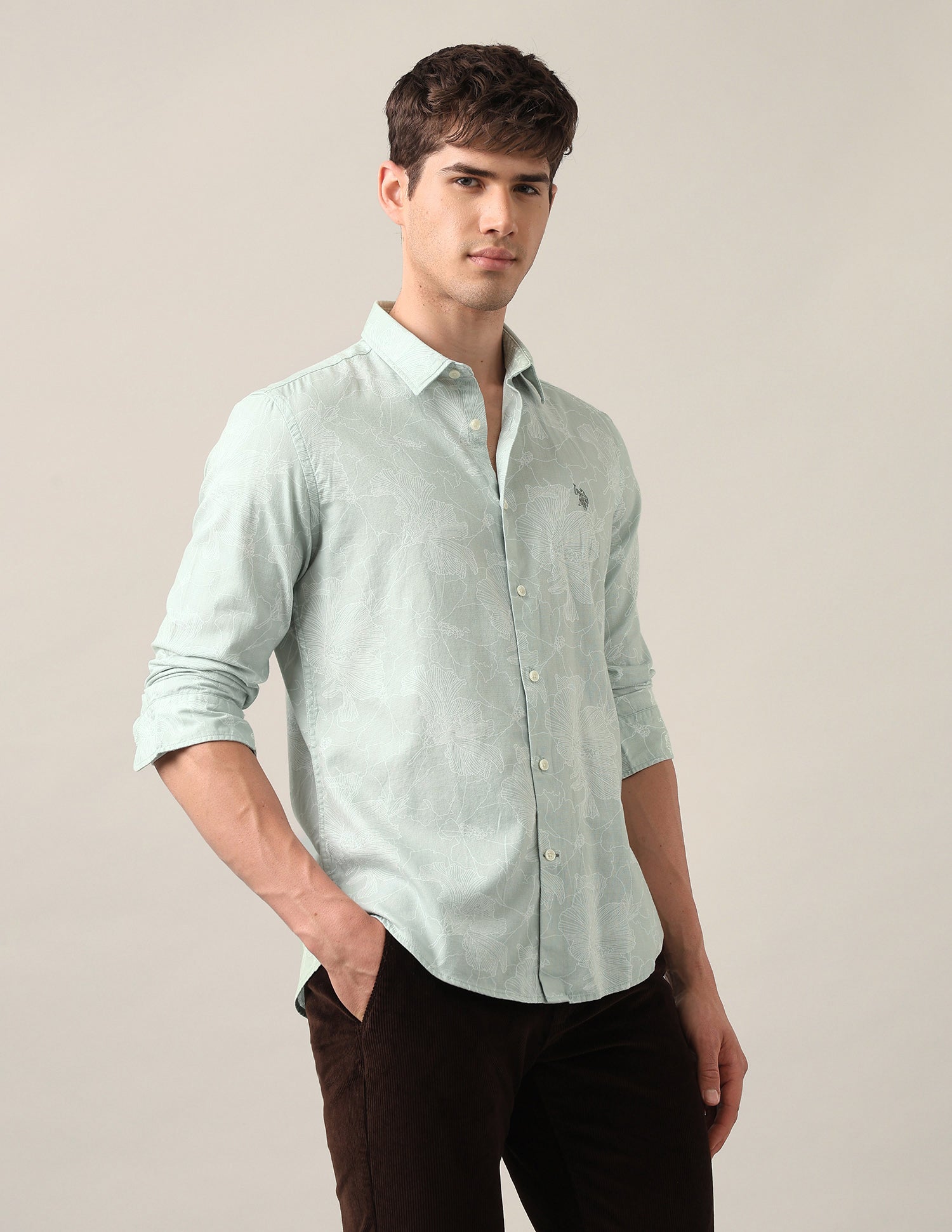 Regular Fit Floral Printed Shirt Light Green - U.S. Polo Assn. India | Large