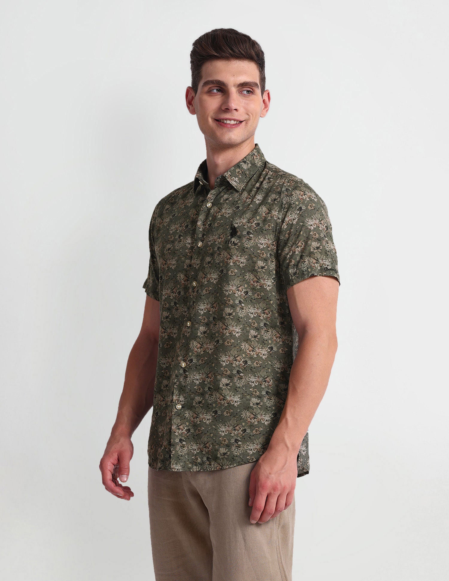 Floral Print Slim Fit Shirt Olive - U.S. Polo Assn. India | Large