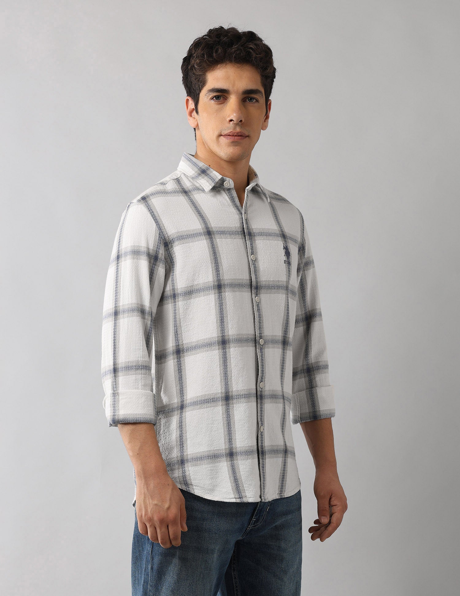 Grid Tattersall Checked Regular Fit Shirt Off White - U.S. Polo Assn. India | Large
