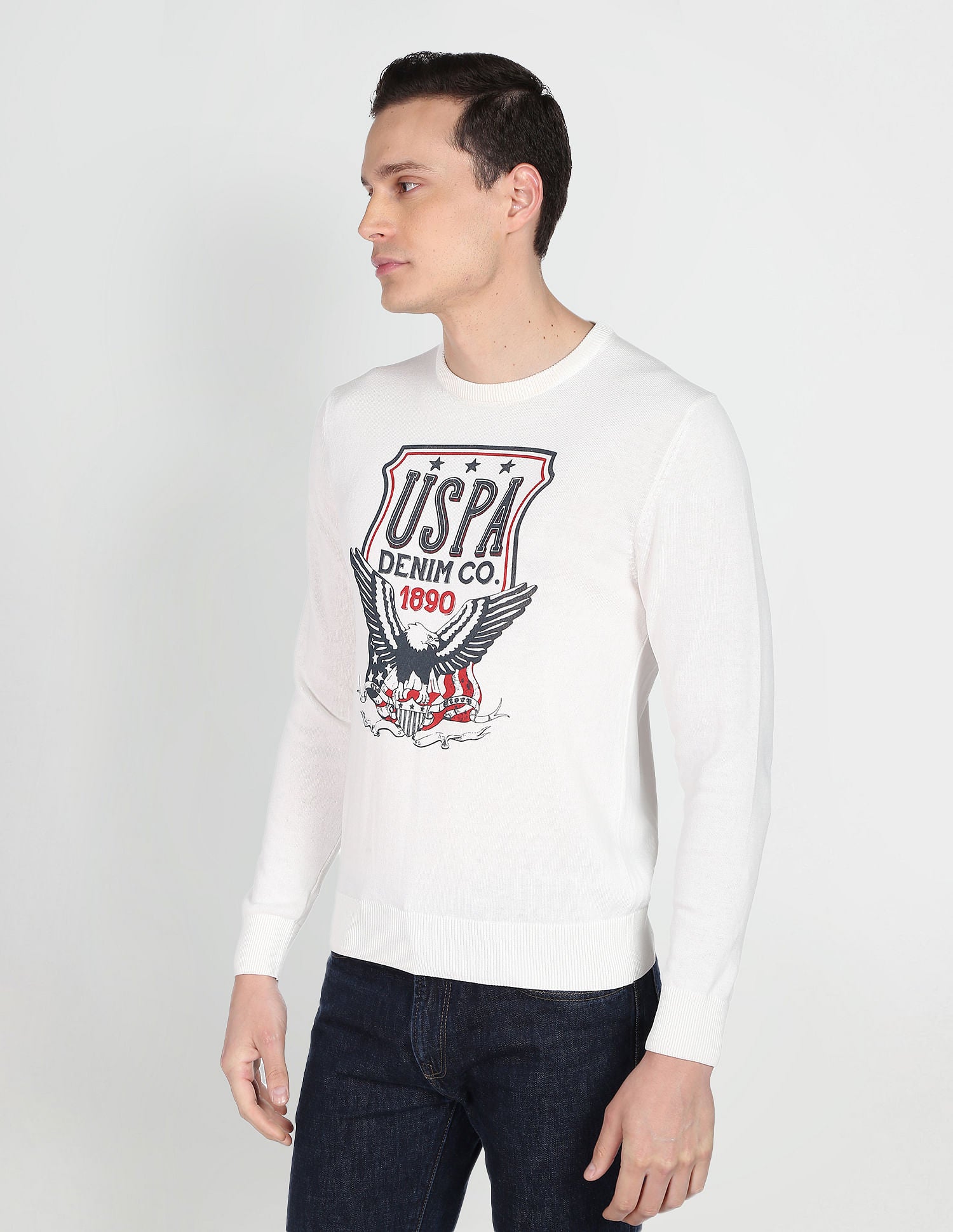 Crew Neck Graphic Print Cotton Sweater Off White - U.S. POLO ASSN. | Large