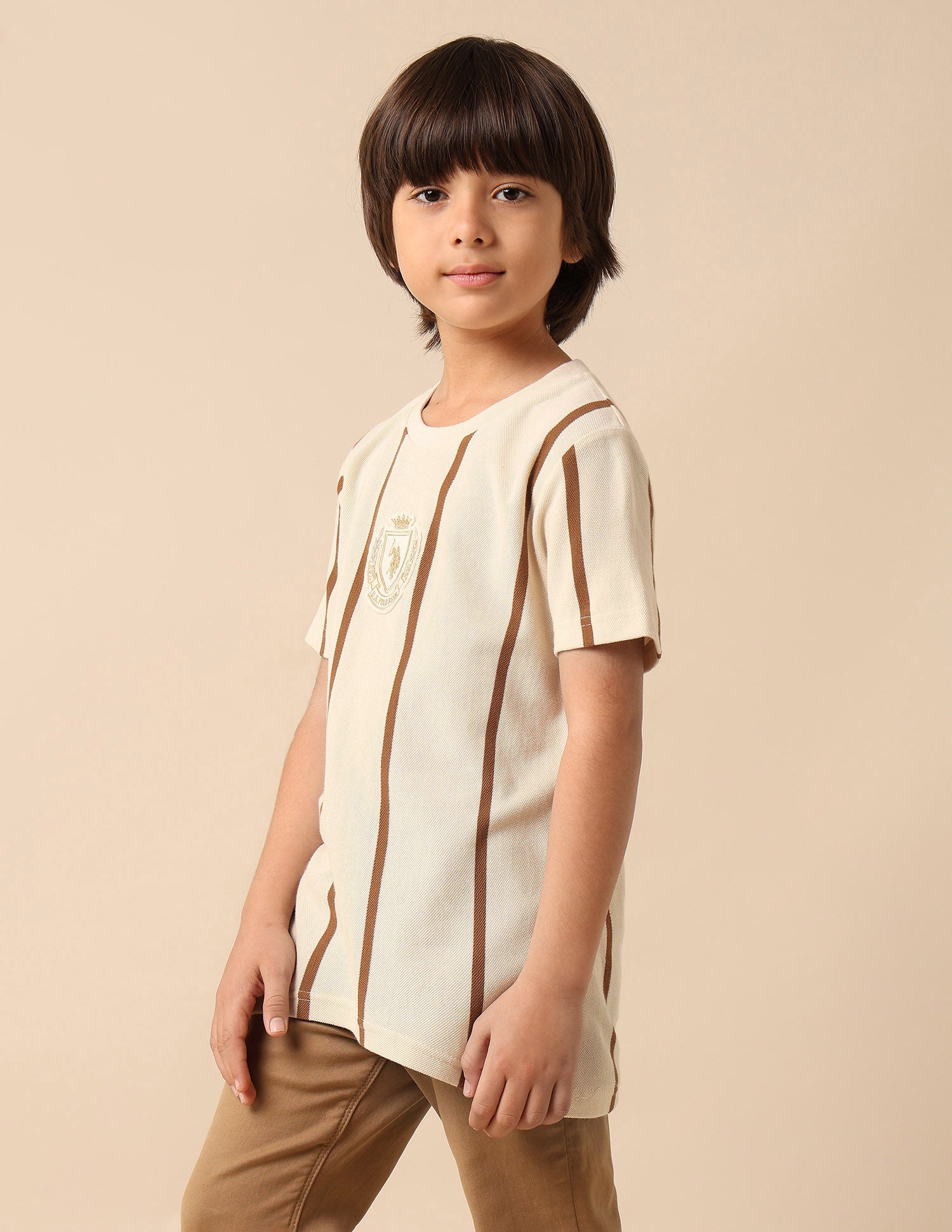 Boys Vertical Striped Pure Cotton T Shirt Ecru - U.S. POLO ASSN. | Large