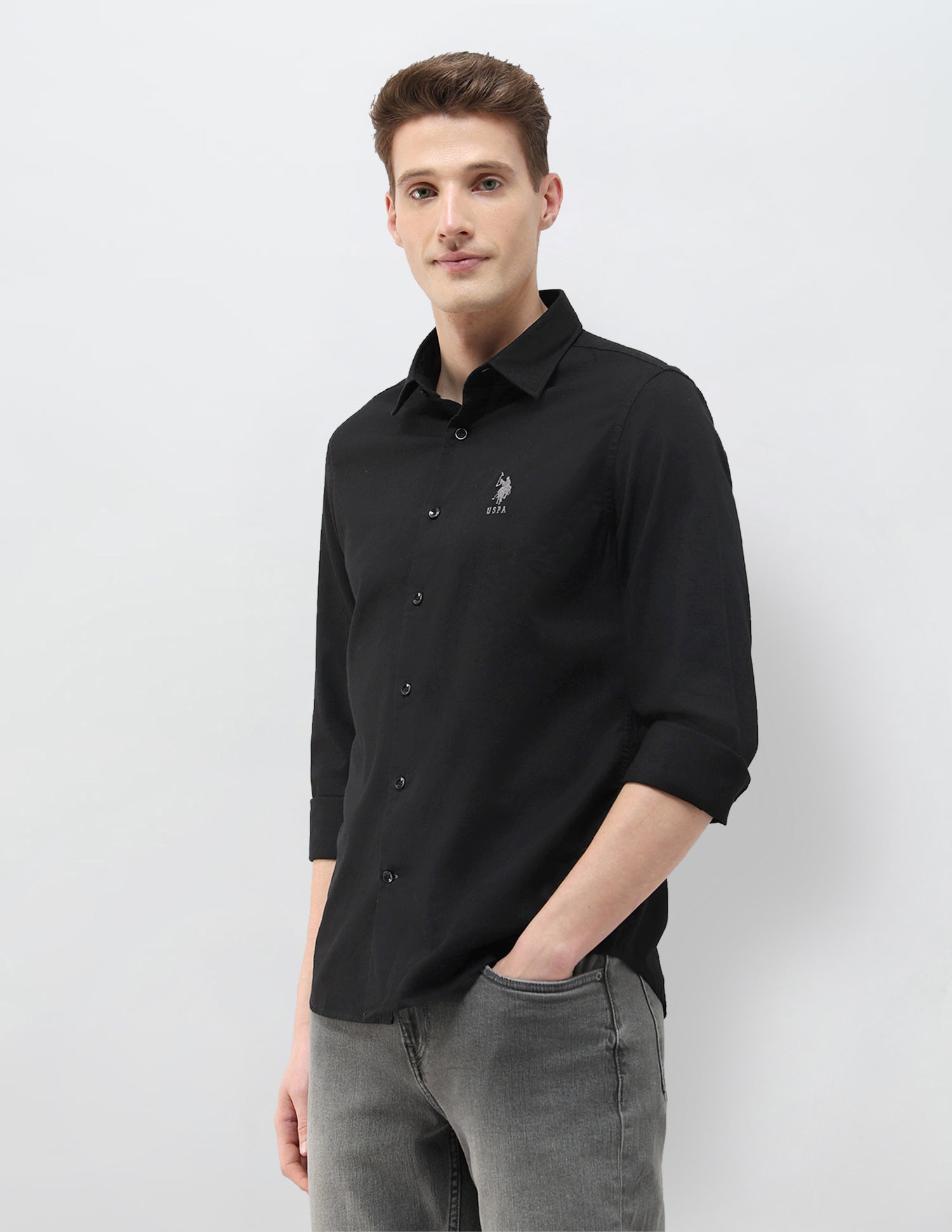 Solid Summer House Regular Fit Shirt Black - U.S. Polo Assn. India | Large