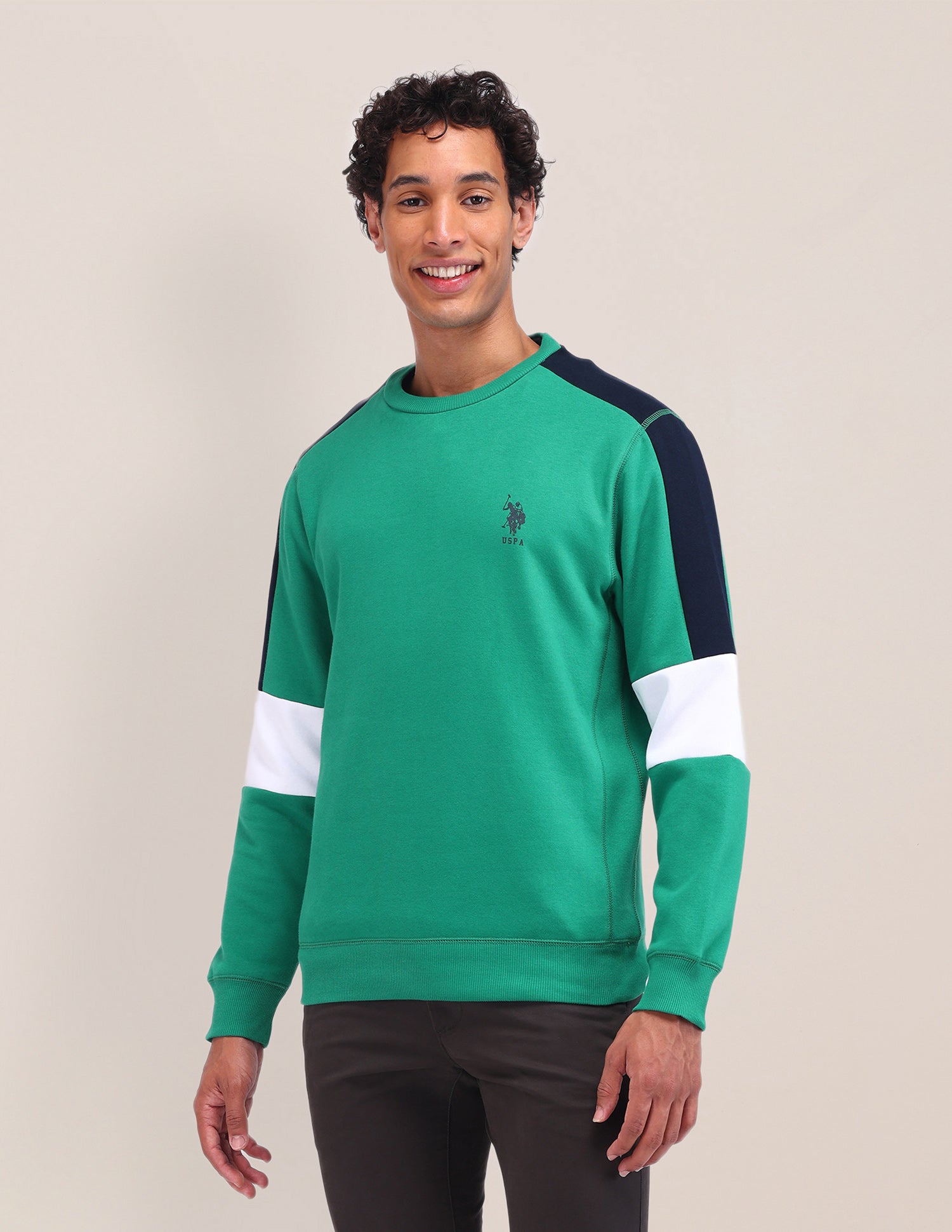 Colour Blocked Regular Fit Sweatshirt Green - U.S. Polo Assn. India | Large
