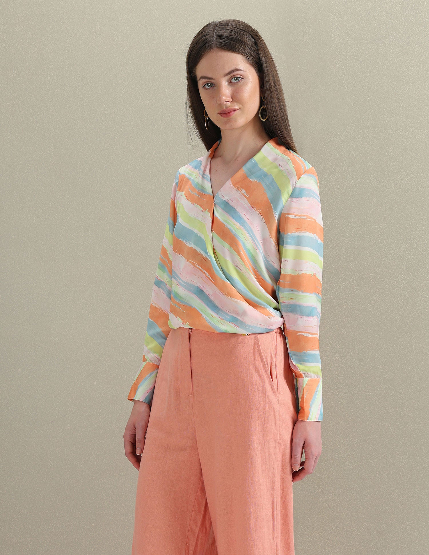 Abstract Print Satin Wrap Top Orange, Pink and Blue - U.S. Polo Assn. India | Large