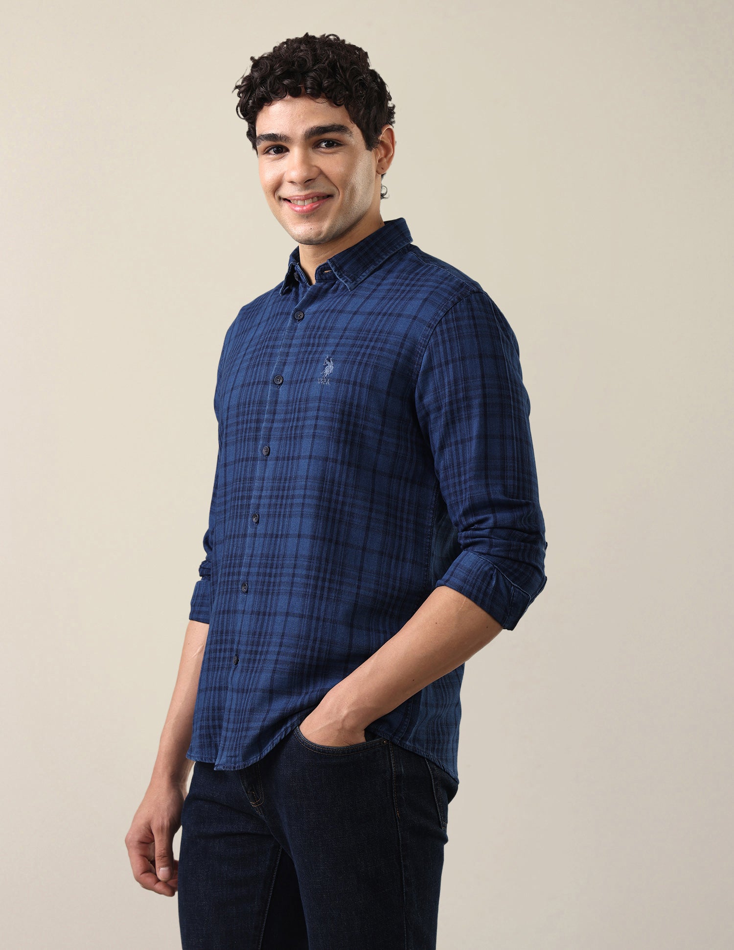 Twill Plaid Checked Shirt Dark Indigo - U.S. Polo Assn. India | Large