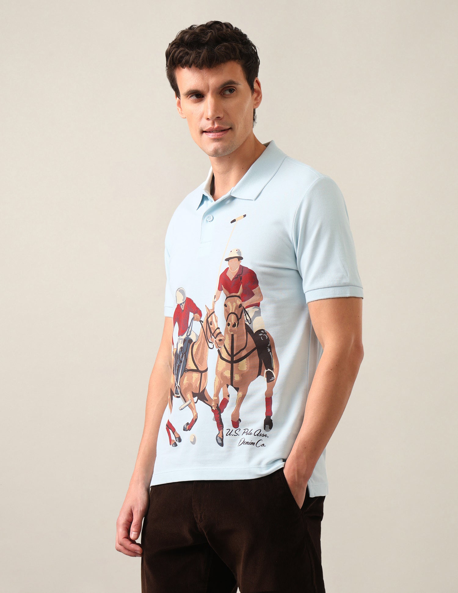 Graphic Brand Printed Slim Fit Polo Shirt Light Blue - U.S. Polo Assn. India | Large