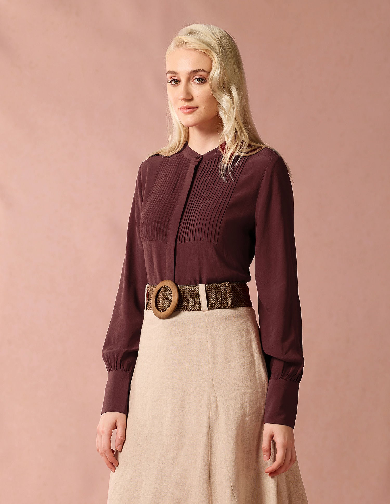 Mandarin Collar Pintucked Top Maroon - U.S. POLO ASSN. | Large