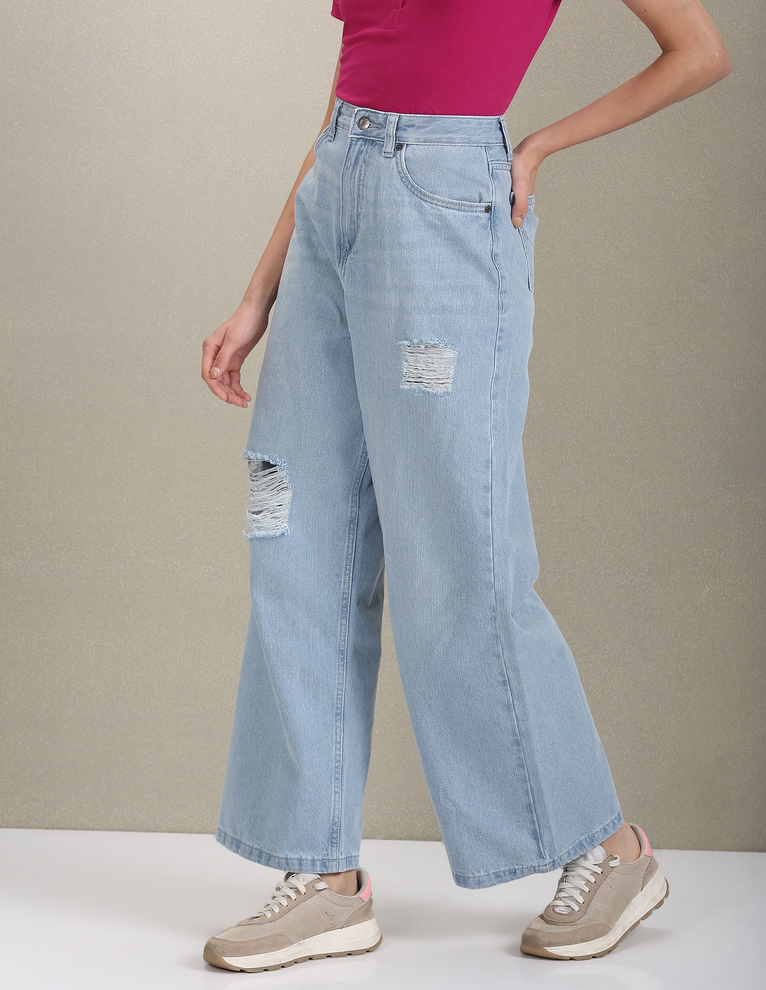 High Rise Wide Leg Distressed Jeans Blue - U.S. Polo Assn. India | Large
