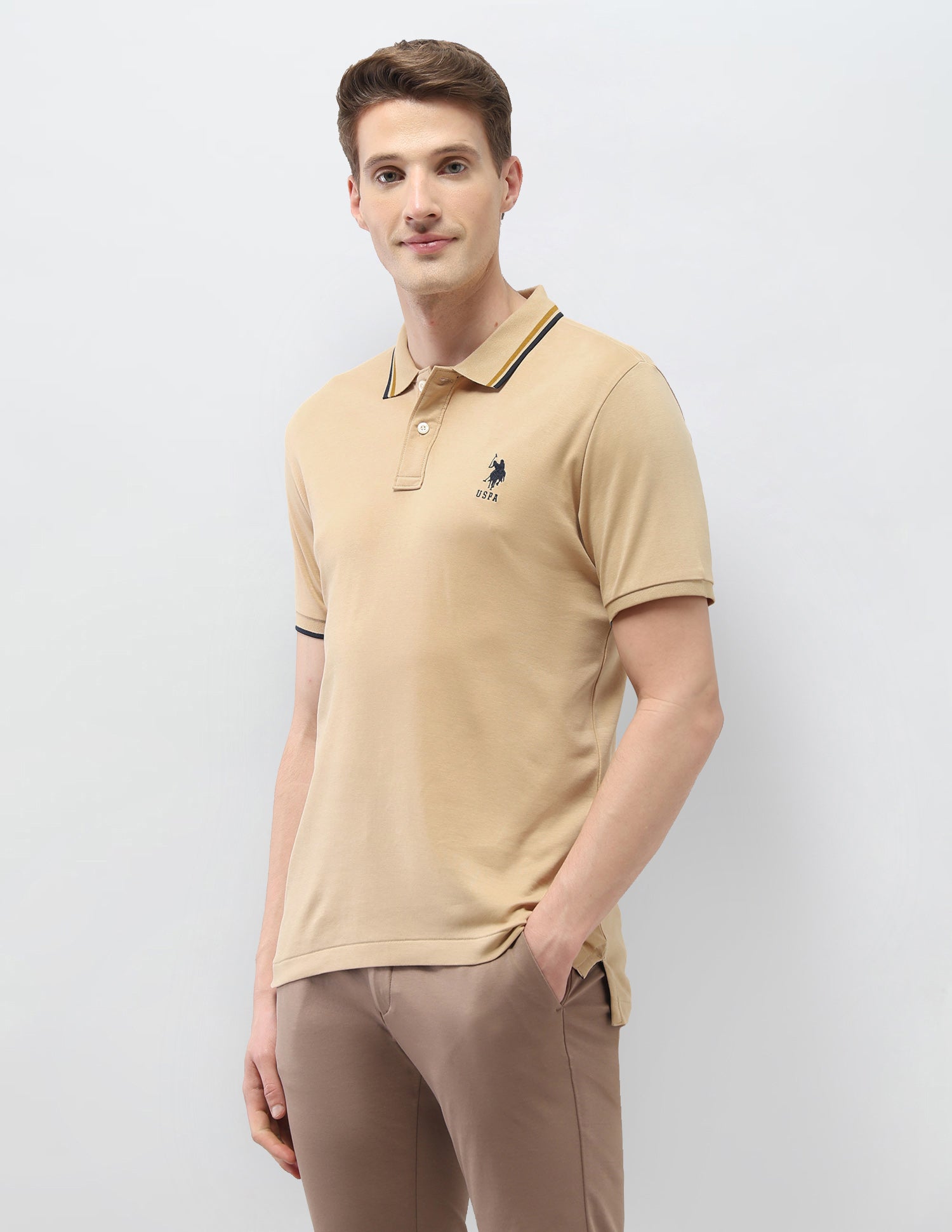 Solid Slim Fit Polo Shirt Beige - U.S. Polo Assn. India | Large
