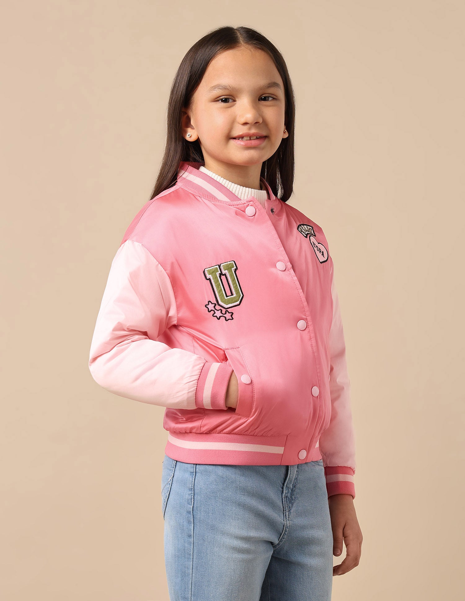 Girls Color Block Varsity Jacket Pink - U.S. POLO ASSN. | Large