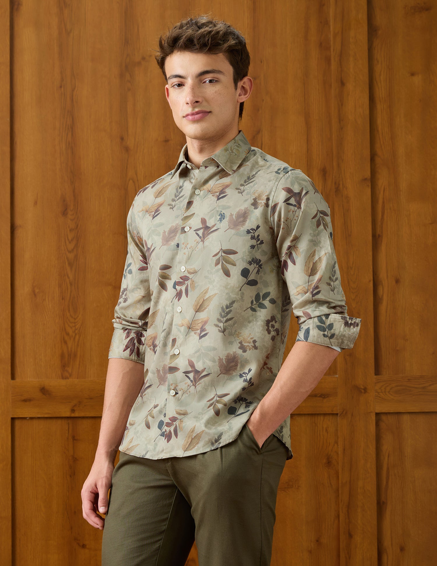 Tropical Printed Satin Shirt Light Green - U.S. Polo Assn. India | Large