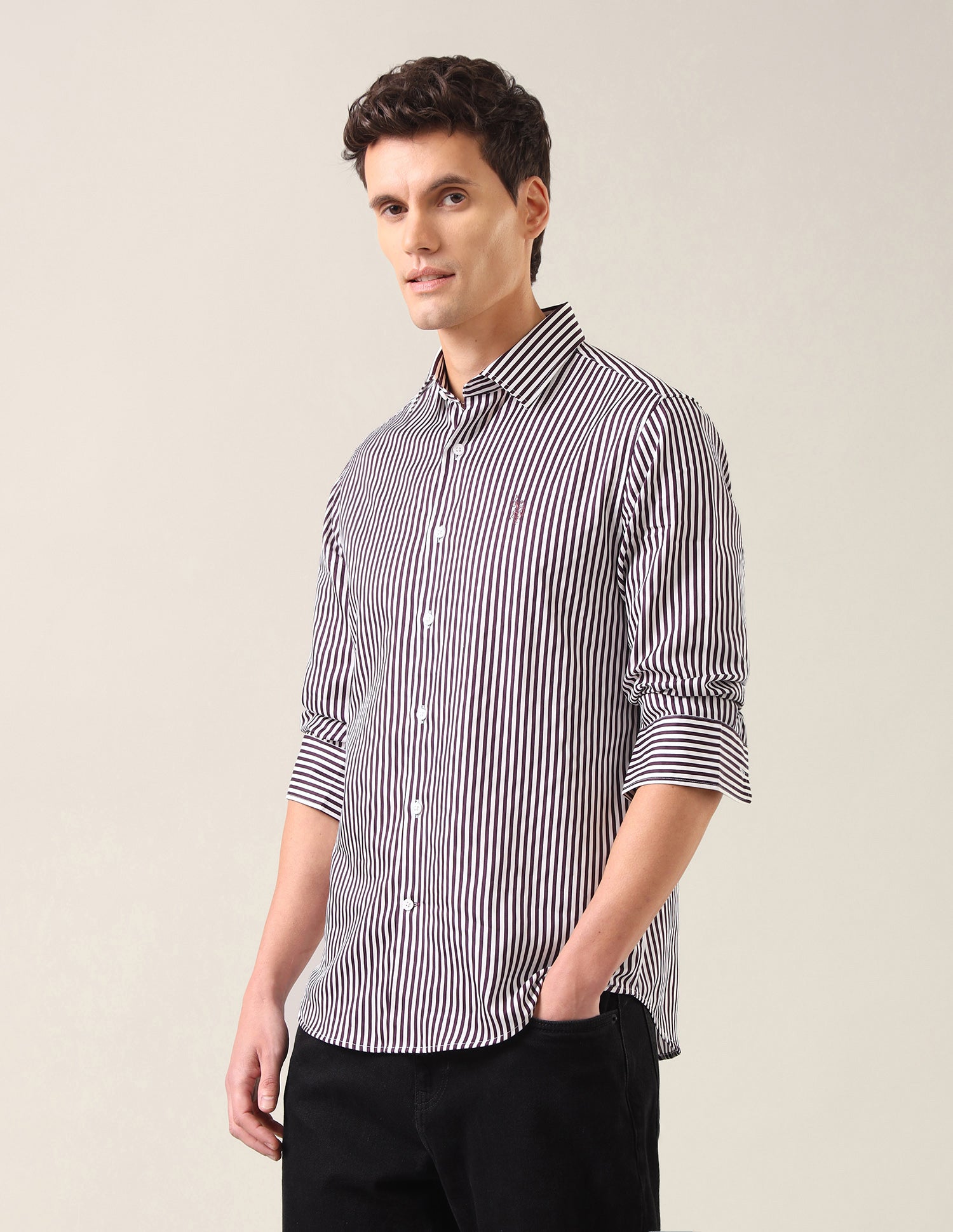 Vertical Striped Satin Shirt Dark Purple - U.S. Polo Assn. India | Large