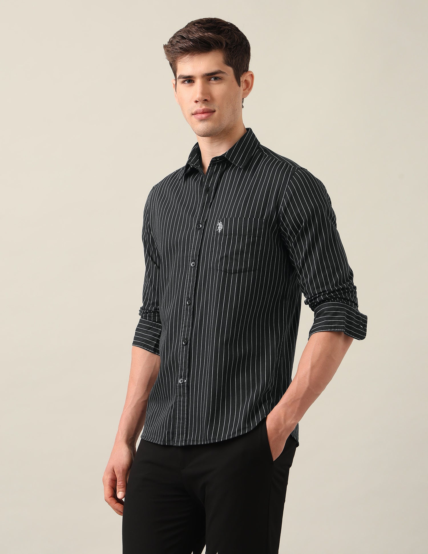 Pinstriped Twill Shirt Black - U.S. Polo Assn. India | Large