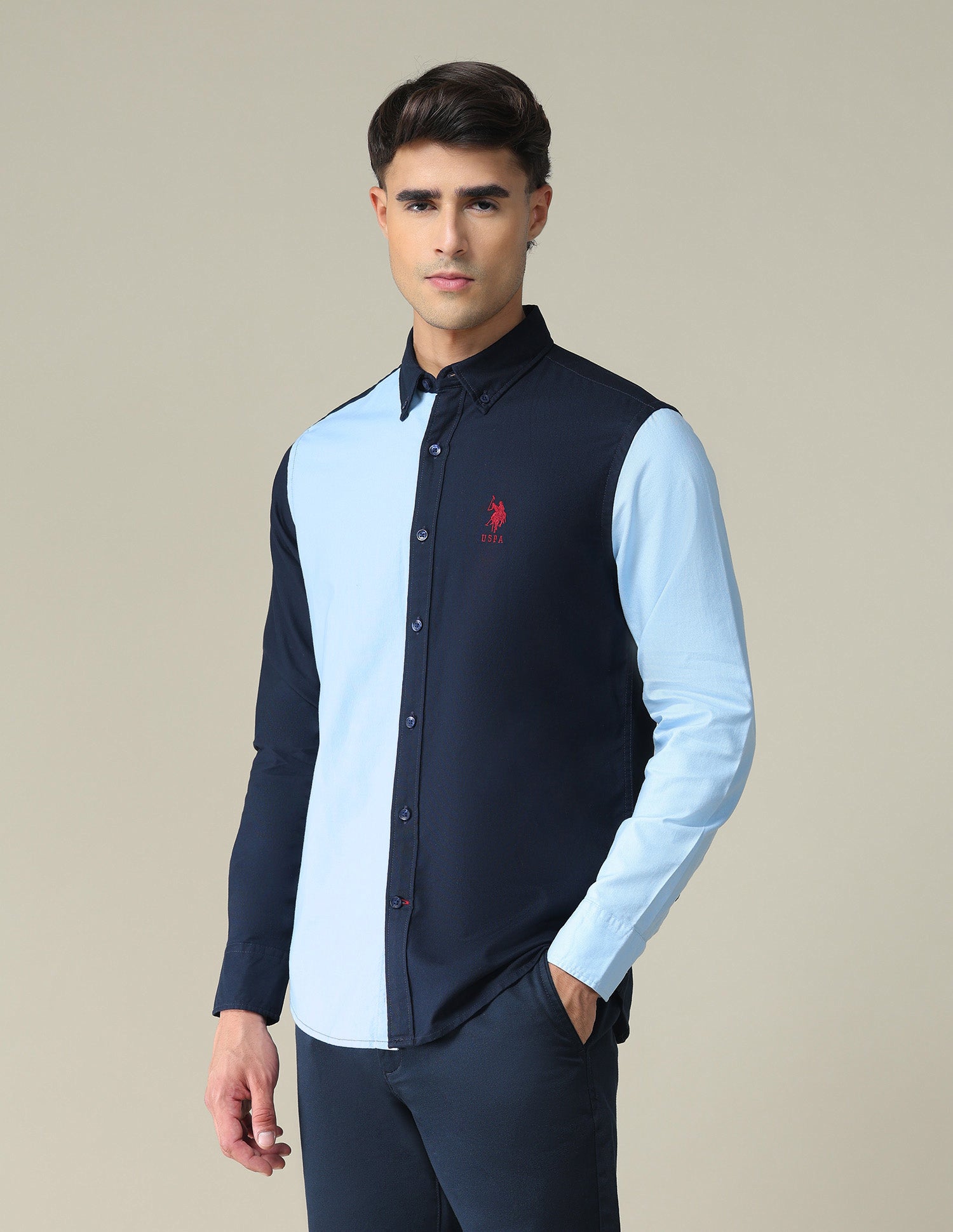 Colour Block Slim Fit Shirt Navy and Light Blue - U.S. POLO ASSN. | Large