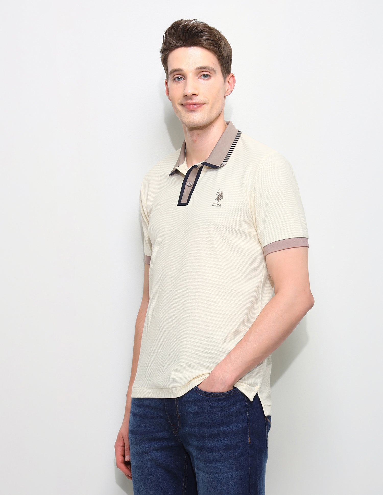 Solid Slim Fit Polo Shirt Beige - U.S. Polo Assn. India | Large