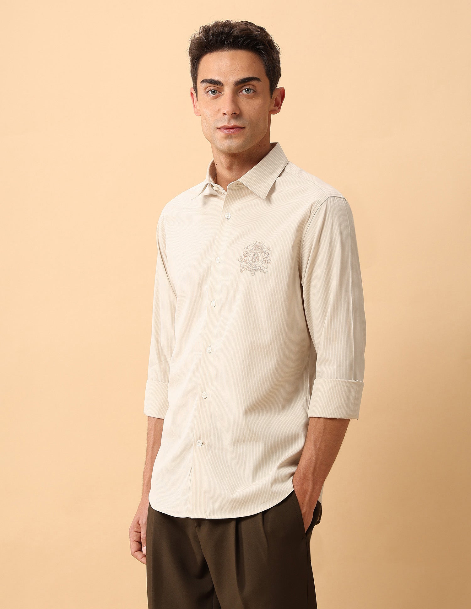 Pacho X Vertical Striped Pure Cotton Shirt Khaki - U.S. Polo Assn. India | Large