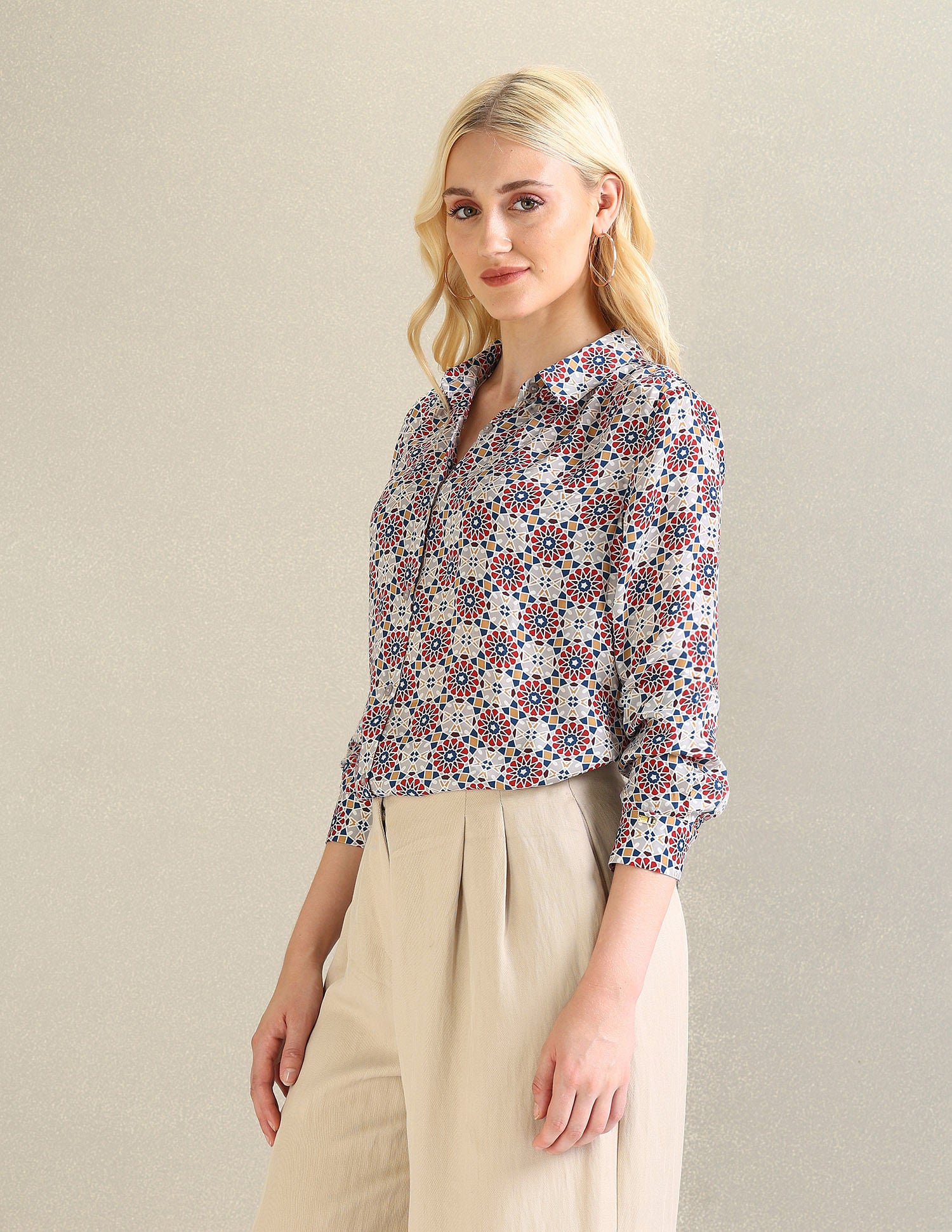 Geometric Printed Cotton Top White, Red and Blue - U.S. Polo Assn. India | Large