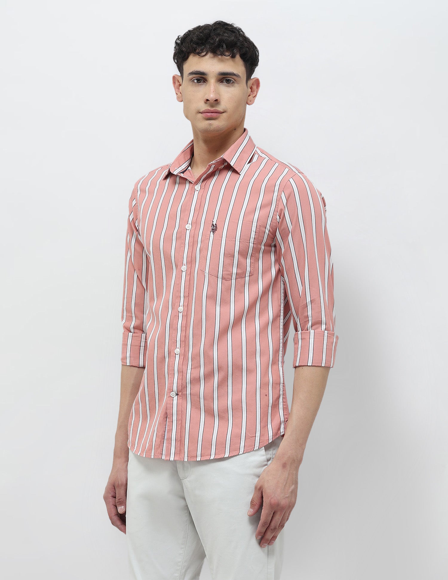 Vertical Striped Tailored Fit Shirt Peach - U.S. Polo Assn. India | Large