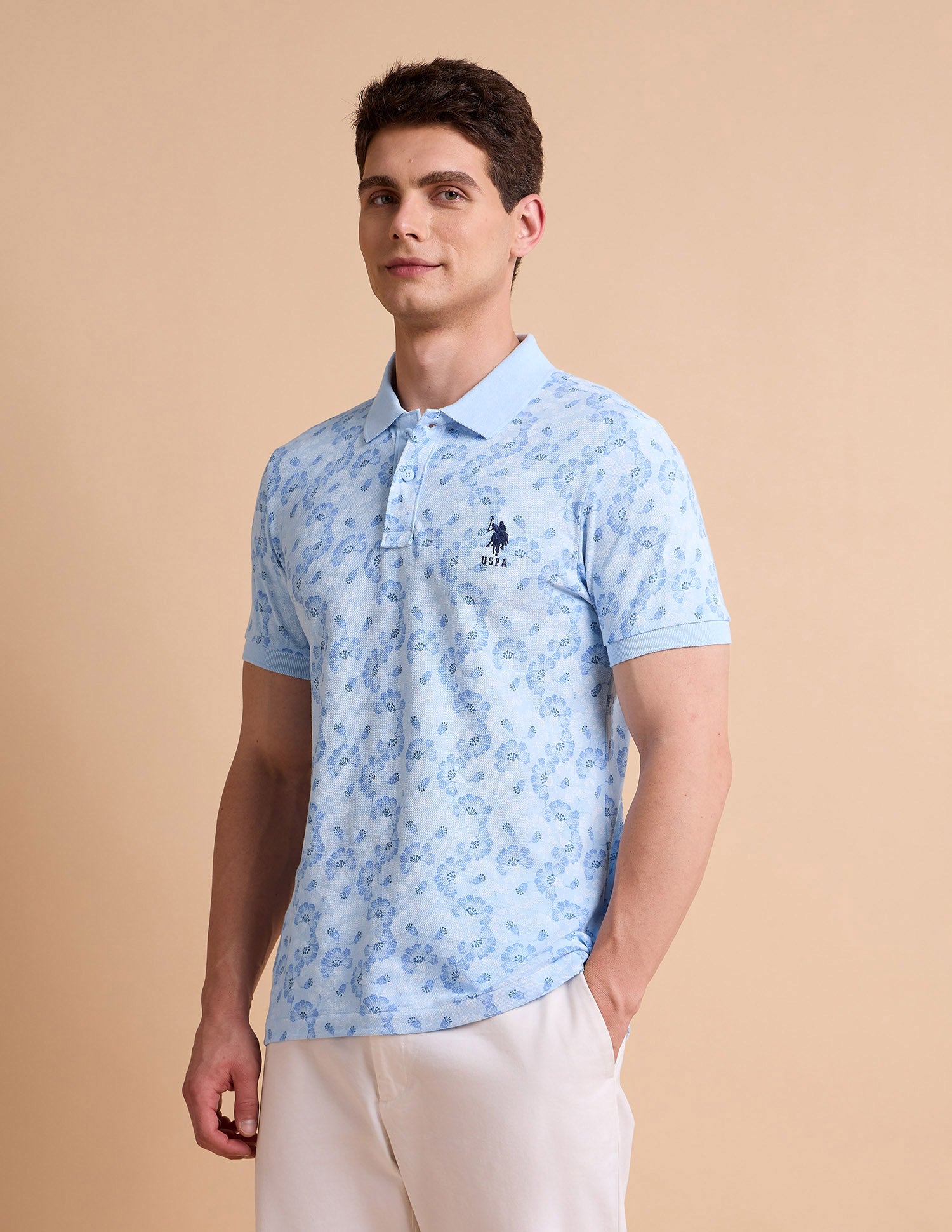 Floral Printed Pure Cotton Polo Shirt Light Blue - U.S. POLO ASSN. | Large