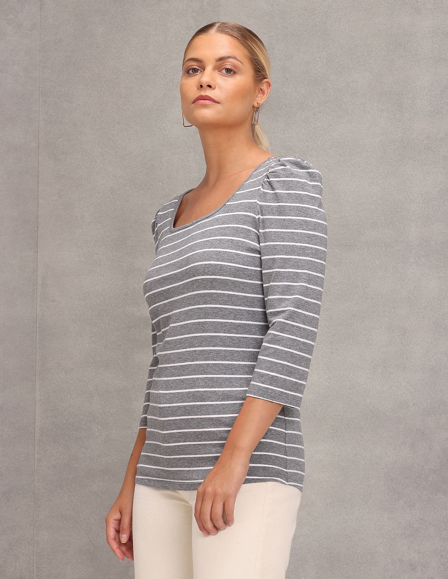 Puff Sleeve Scoop Neck Striped Top Grey - U.S. Polo Assn. India | Large