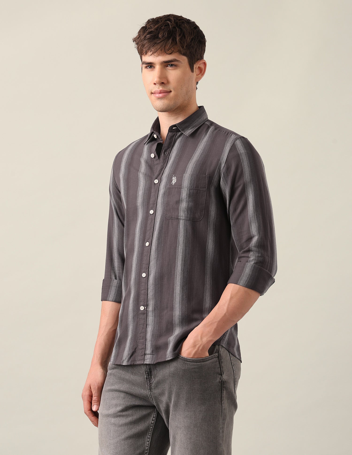 Vertical Striped Twill Shirt Brown - U.S. Polo Assn. India | Large