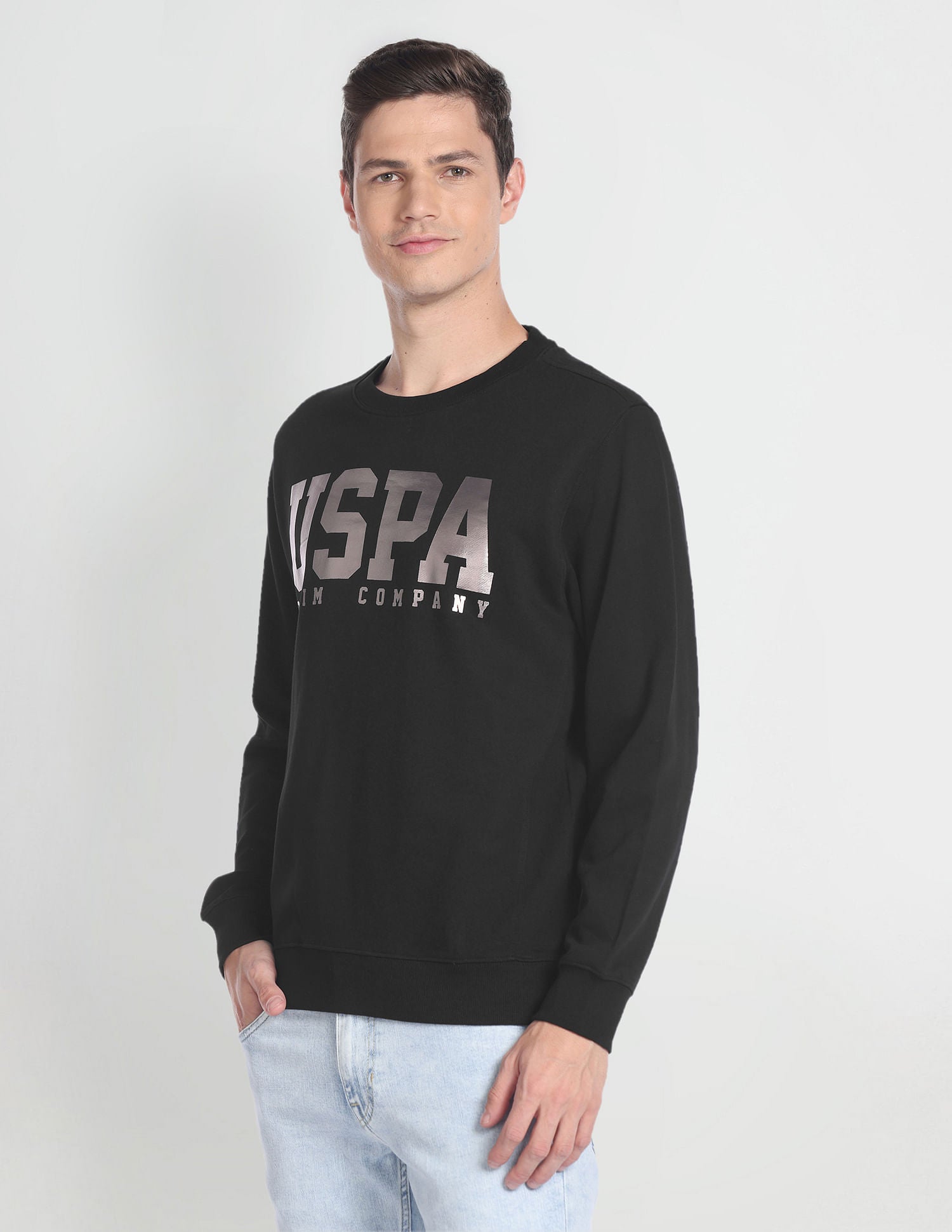 Brand Print Cotton Sweatshirt Black - U.S. POLO ASSN. | Large