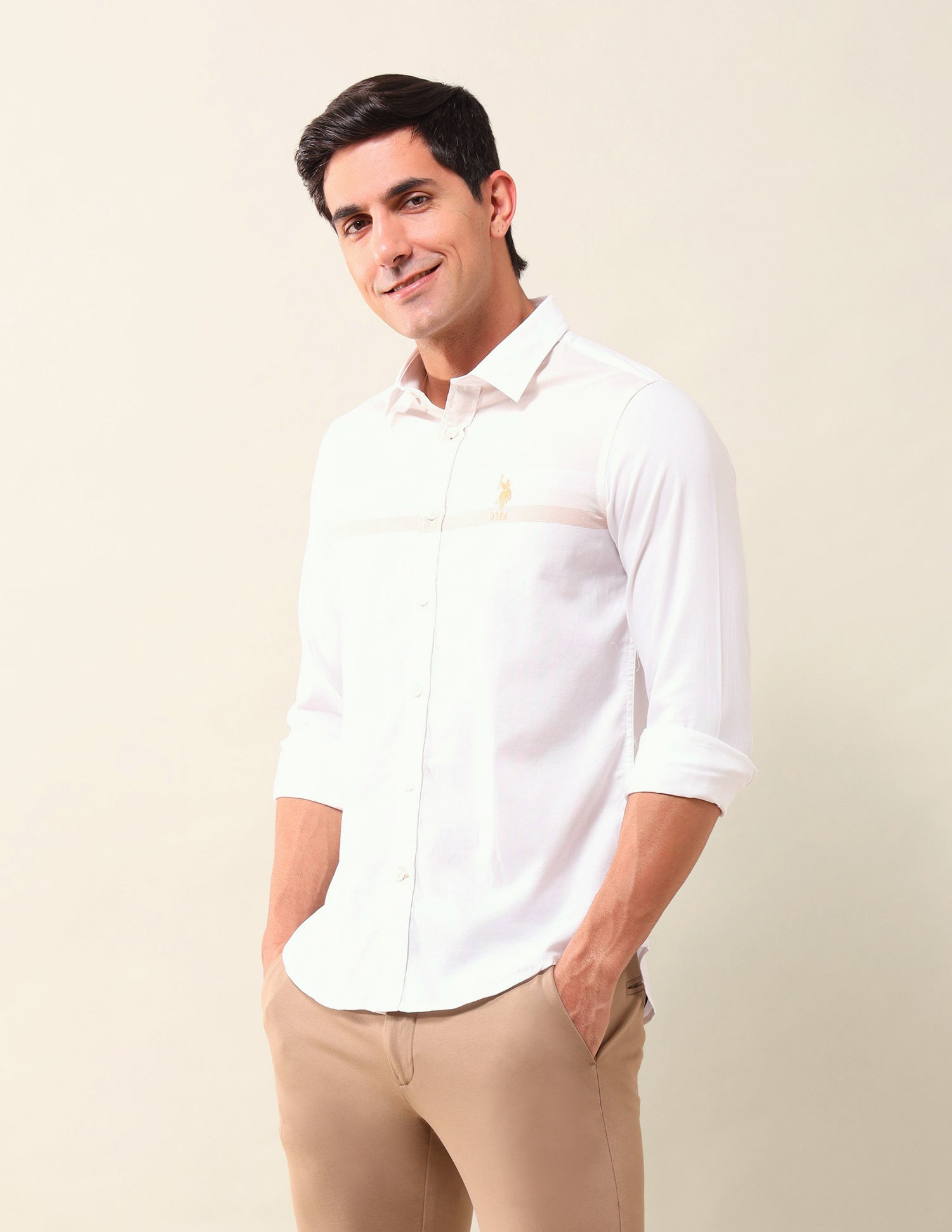 Solid Tailored Fit Shirt Beige - U.S. Polo Assn. India | Large