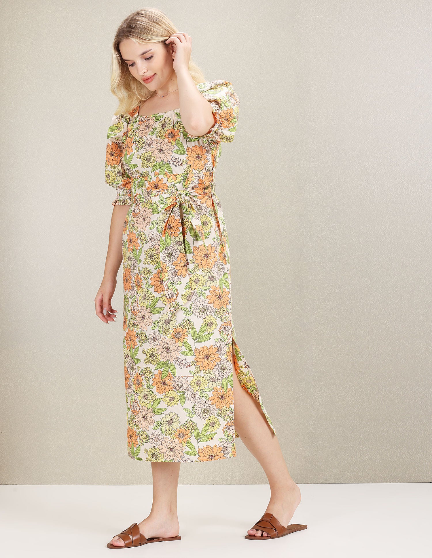 Square Neck Tie Up Midi Dress Peach - U.S. Polo Assn. India | Large