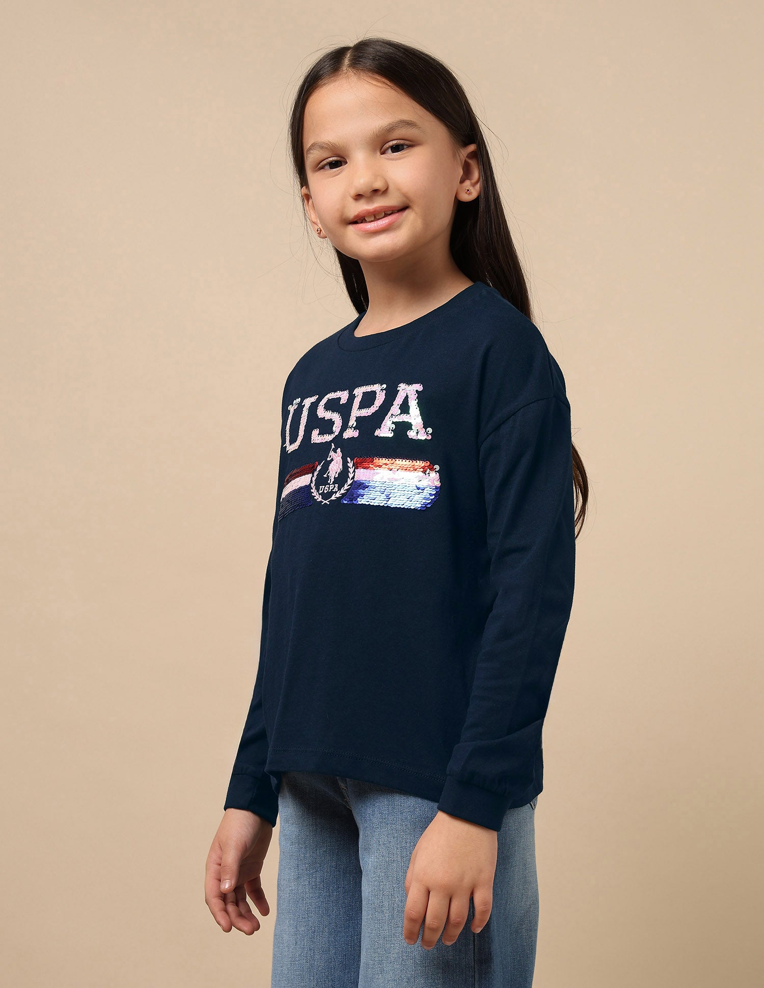 Girls Flip Sequin Cotton T-Shirt Navy - U.S. Polo Assn. India | Large