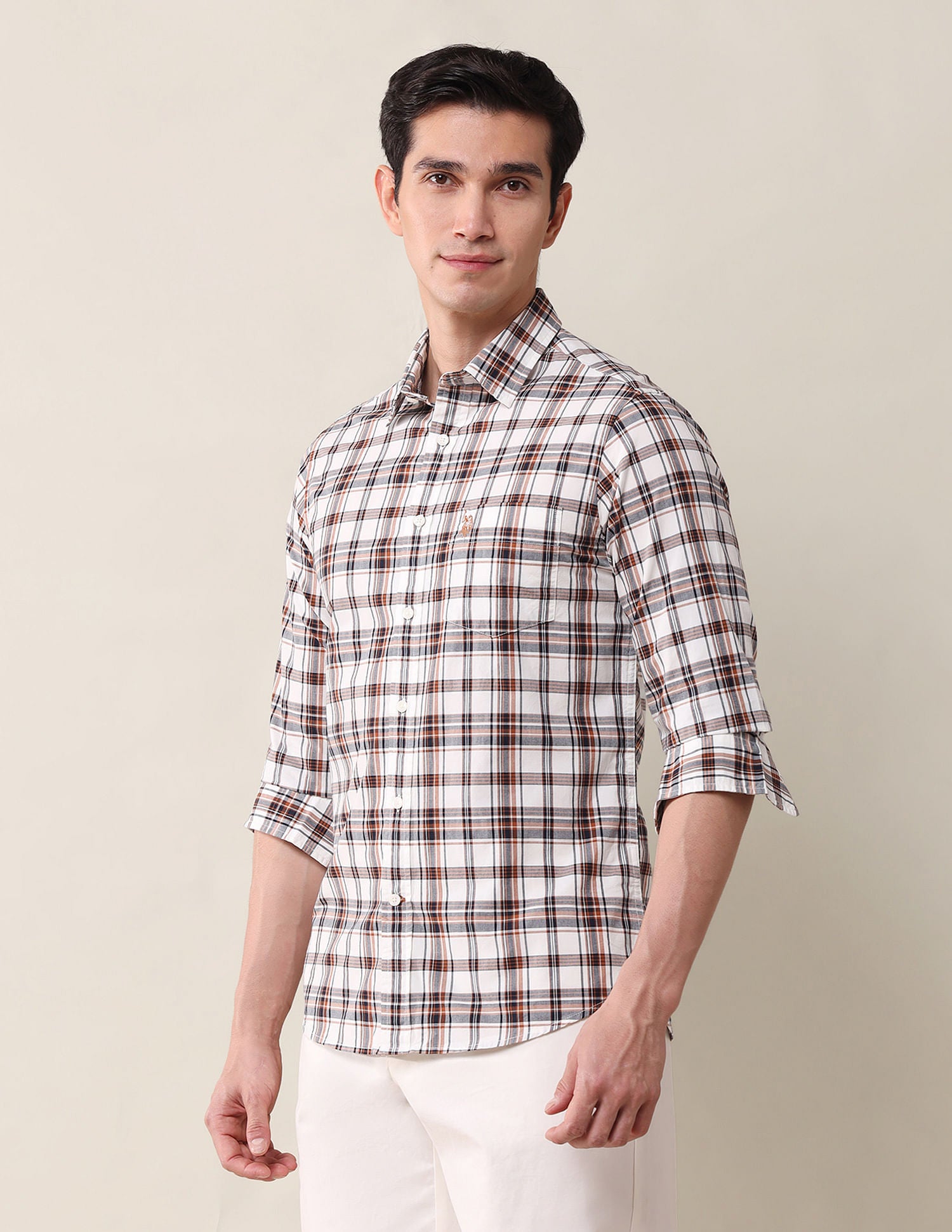 Tailored Fit Twill Checked Shirt Off White - U.S. Polo Assn. India | Large