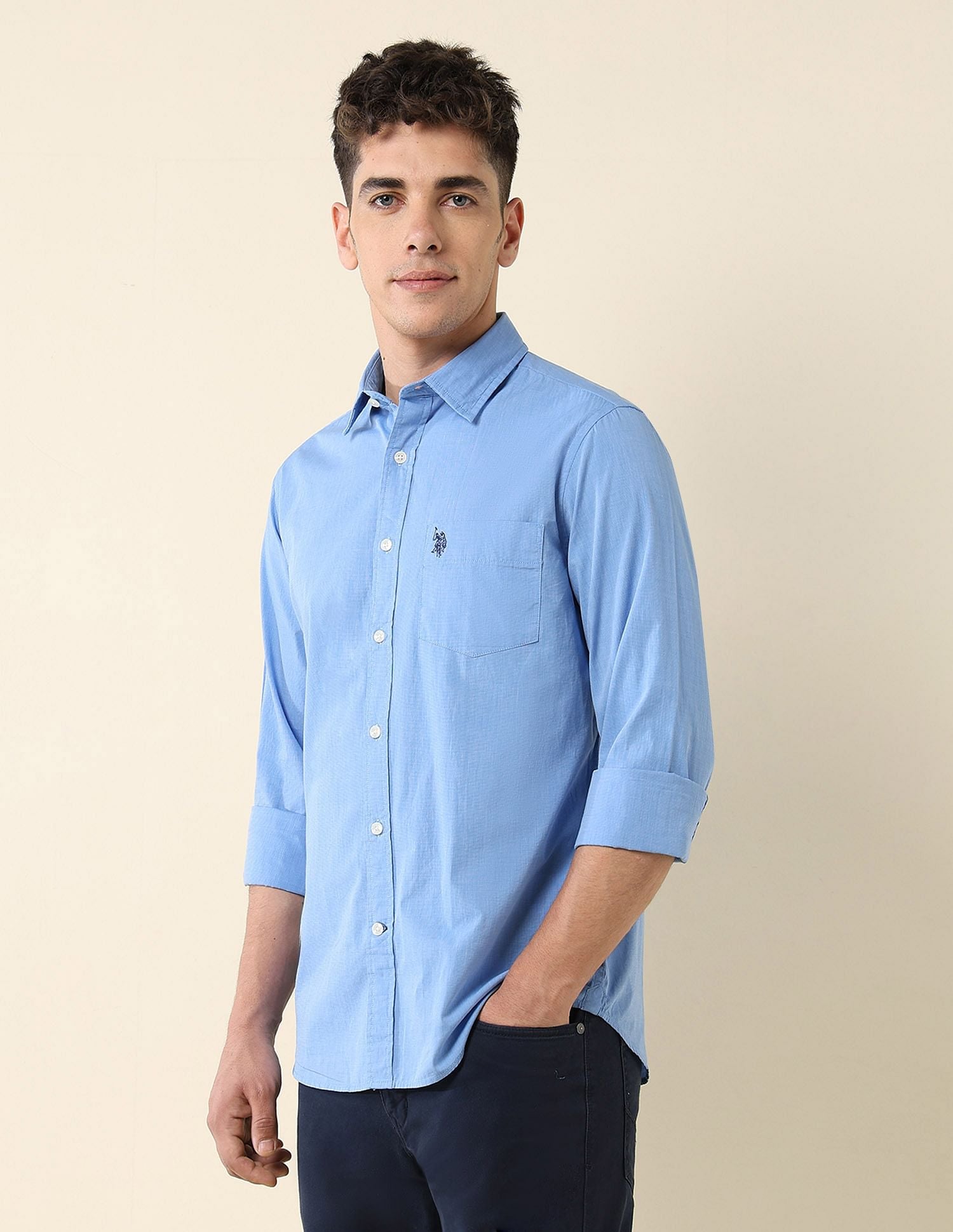 Tailored Fit Fil-à-Fil Shirt Blue - U.S. Polo Assn. India | Large
