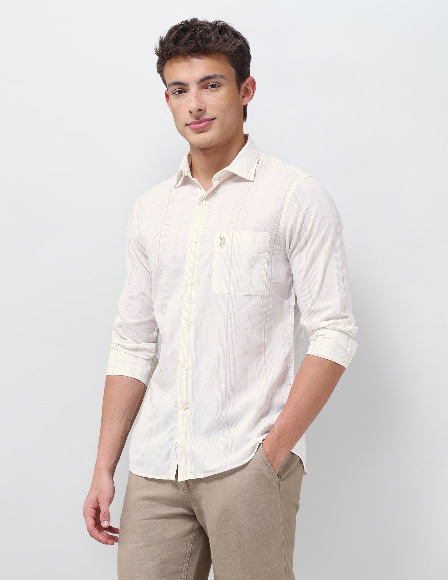 Vertical Striped Regular Fit Shirt Beige - U.S. Polo Assn. India | Large