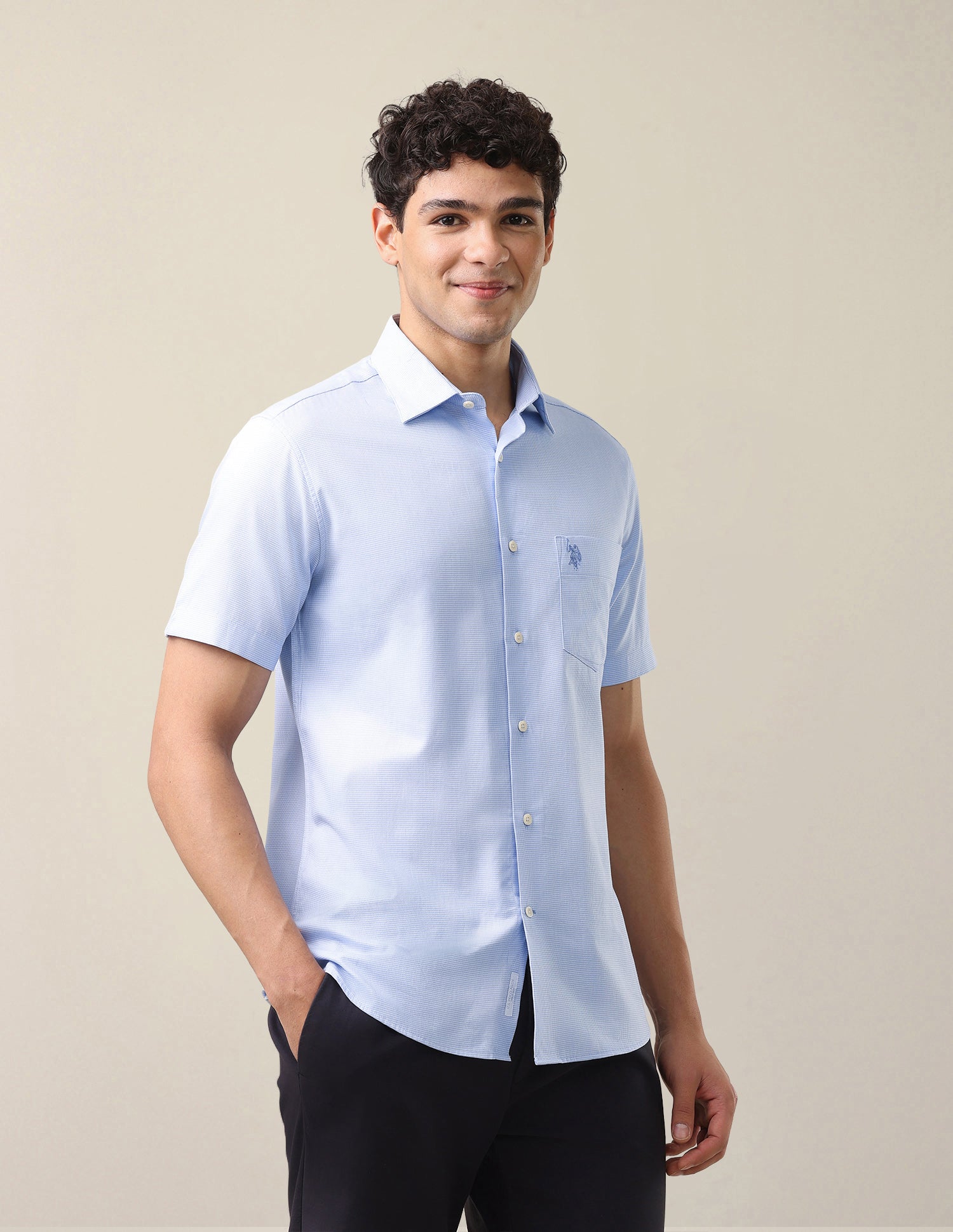 Textured Tailored Fit Shirt Light Blue - U.S. Polo Assn. India | Large