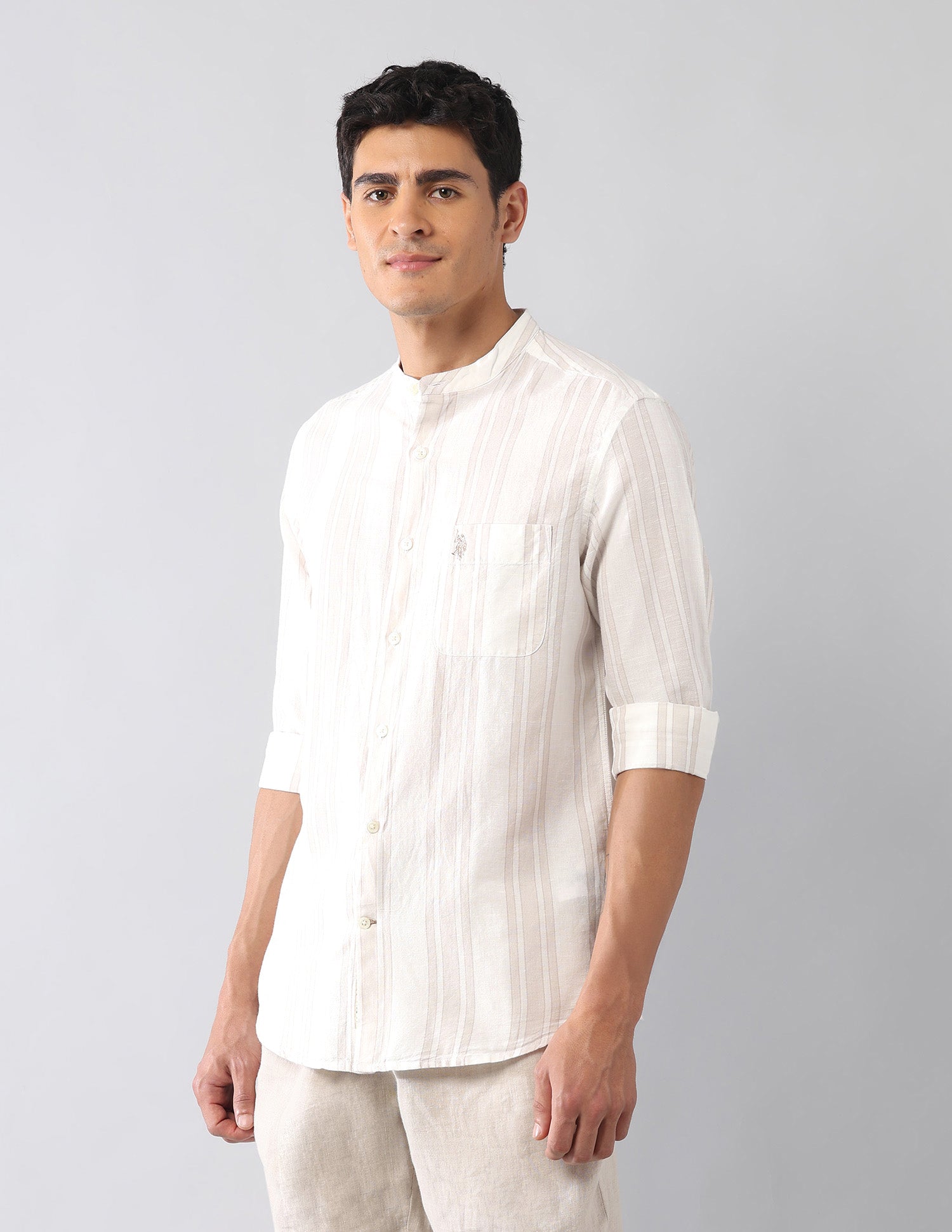 Vertical Striped Poplin Regular Fit Shirt Ecru - U.S. Polo Assn. India | Large