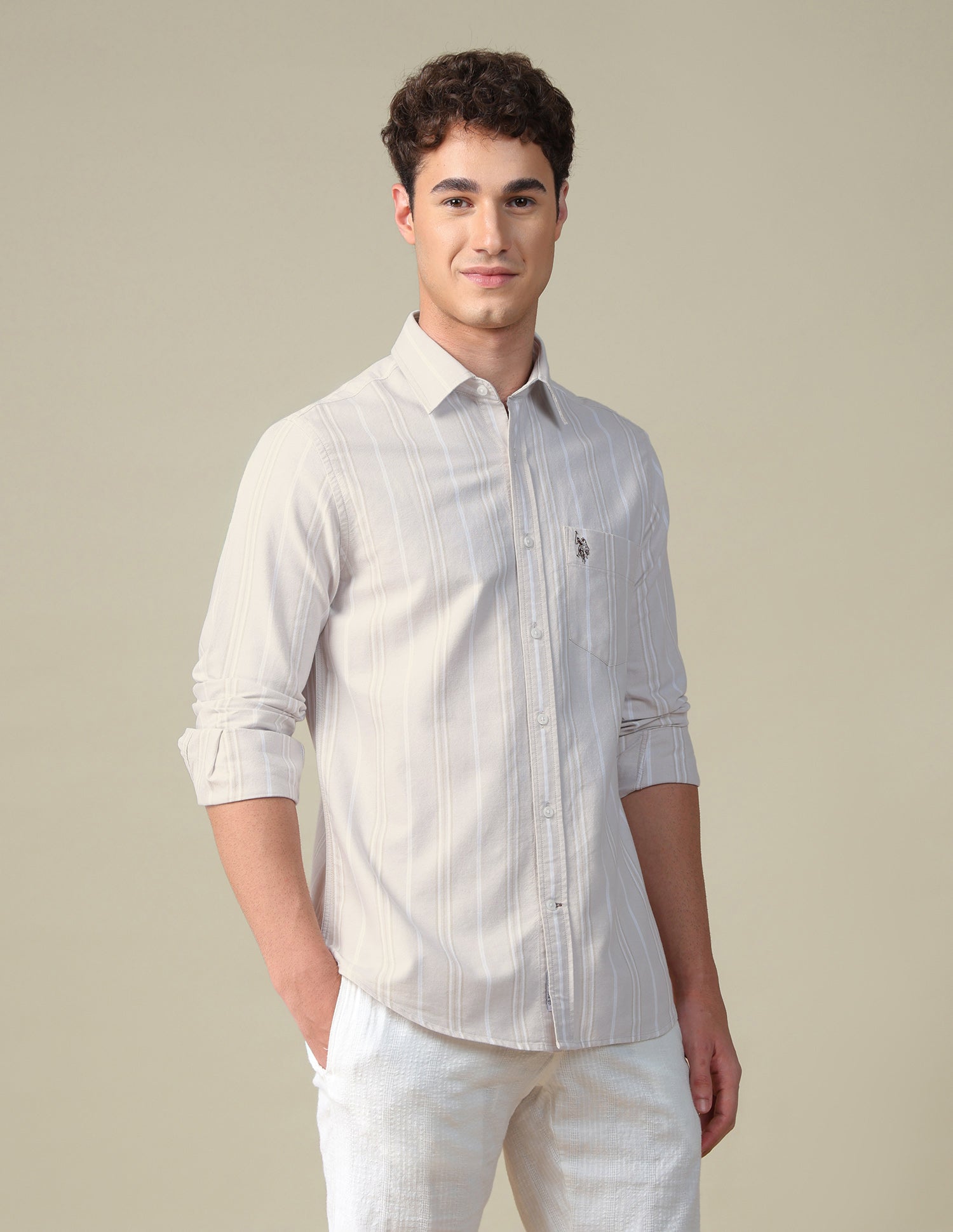 Vertical Striped Oxford Shirt Beige - U.S. Polo Assn. India | Large