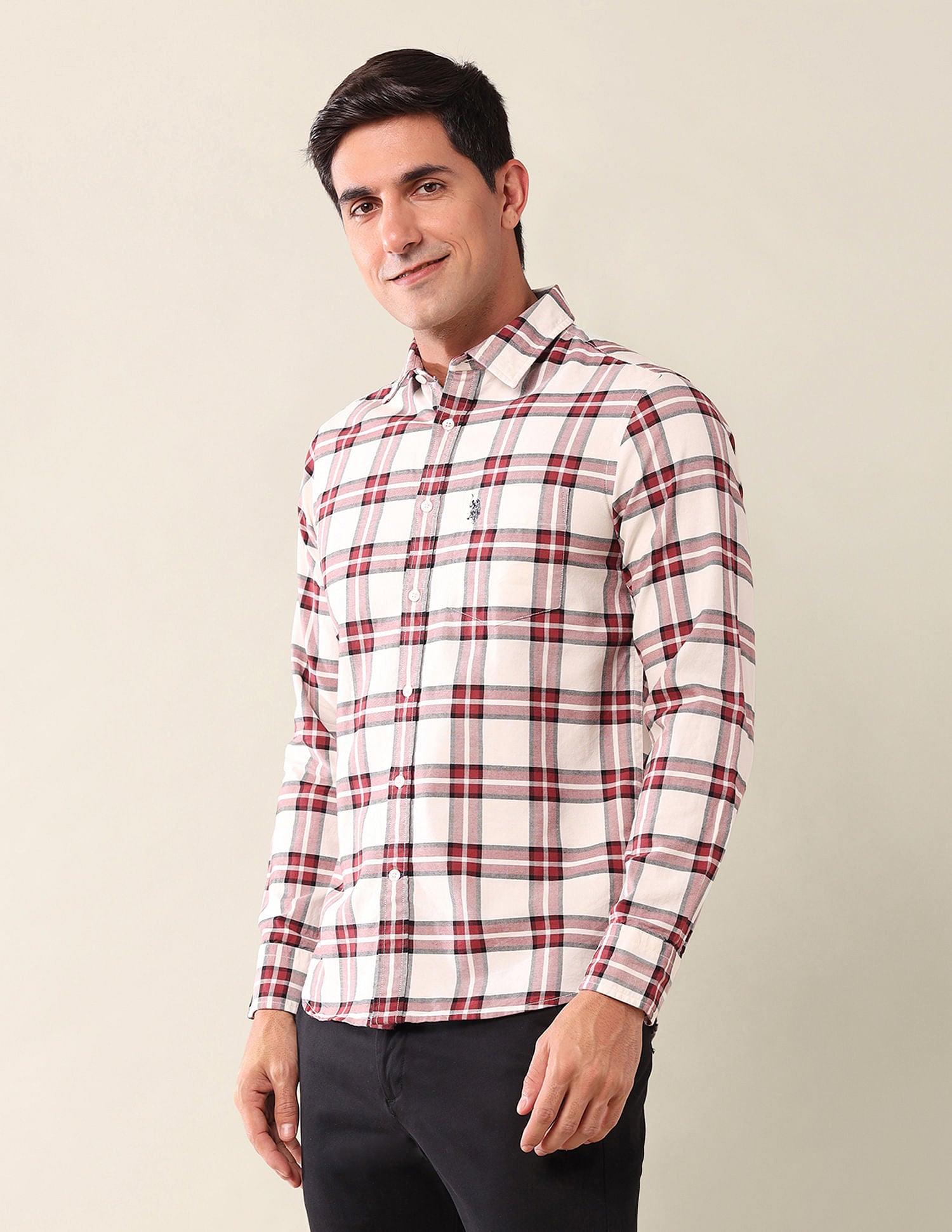 Tailored Fit Checked Shirt Off White - U.S. Polo Assn. India | Large