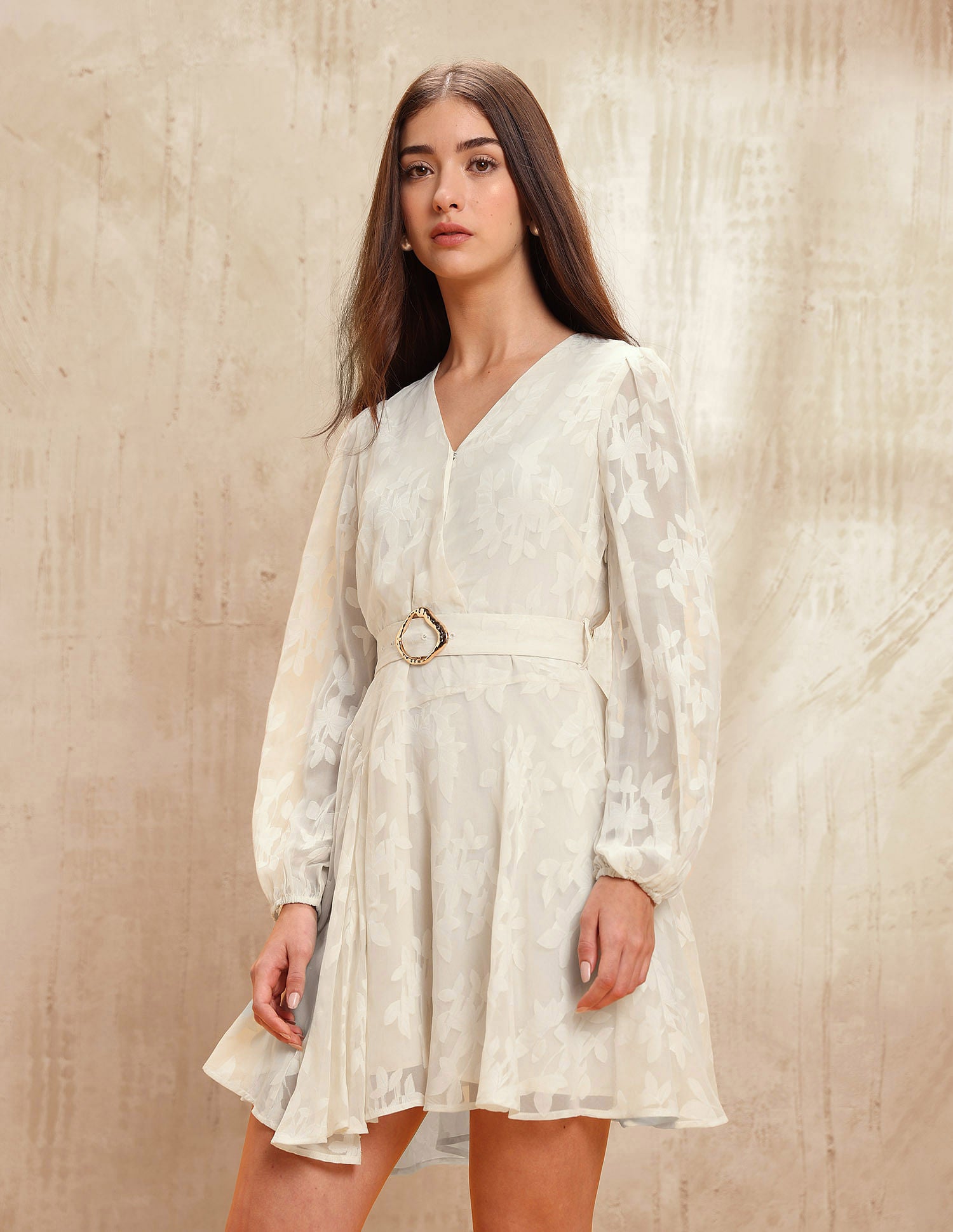 Abstract Printed Fit & Flare Dress With Belt Beige - U.S. POLO ASSN. | Large