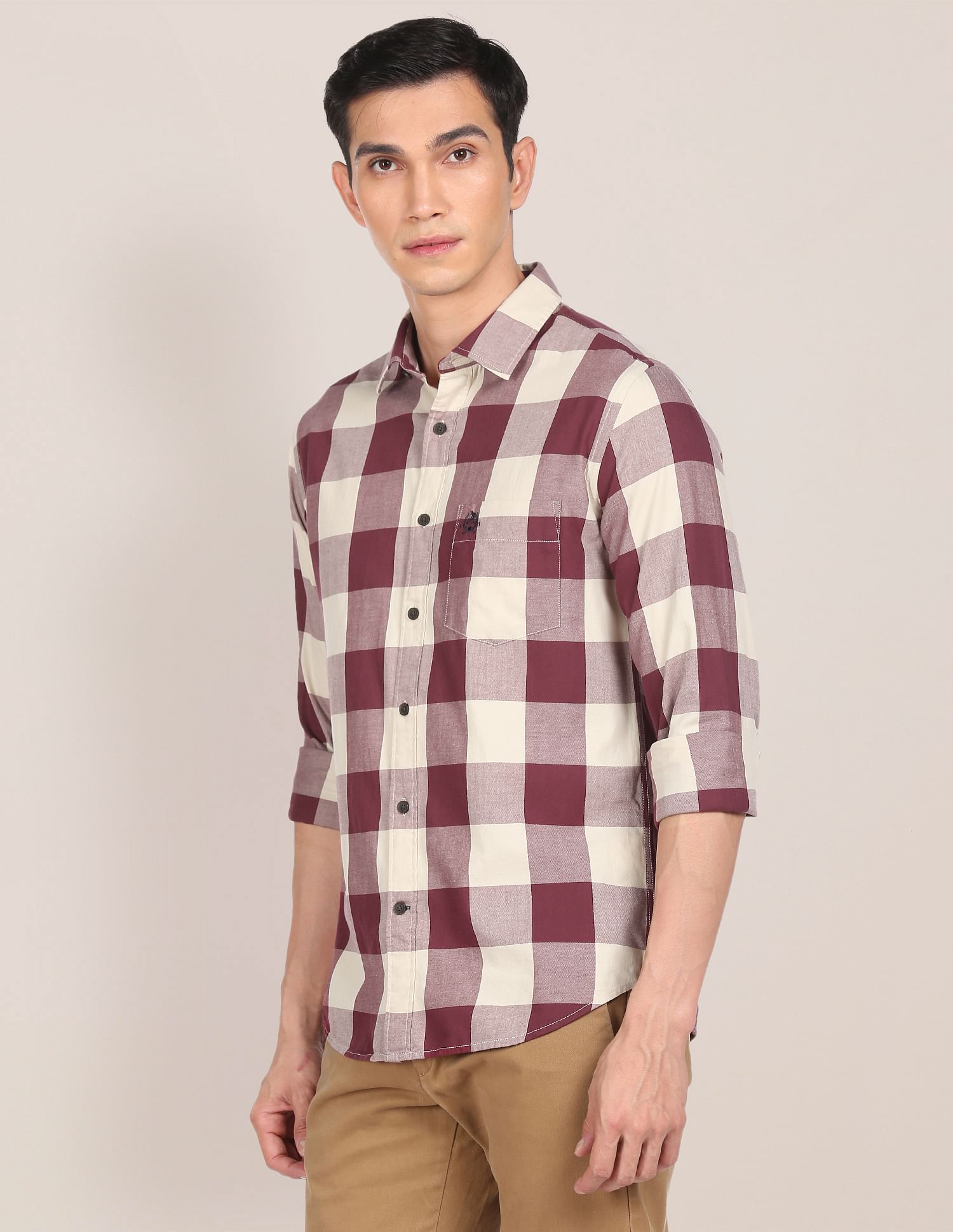 Men Maroon And Beige Spread Collar Check Casual Shirt Maroon and Beige - U.S. POLO ASSN. | Large
