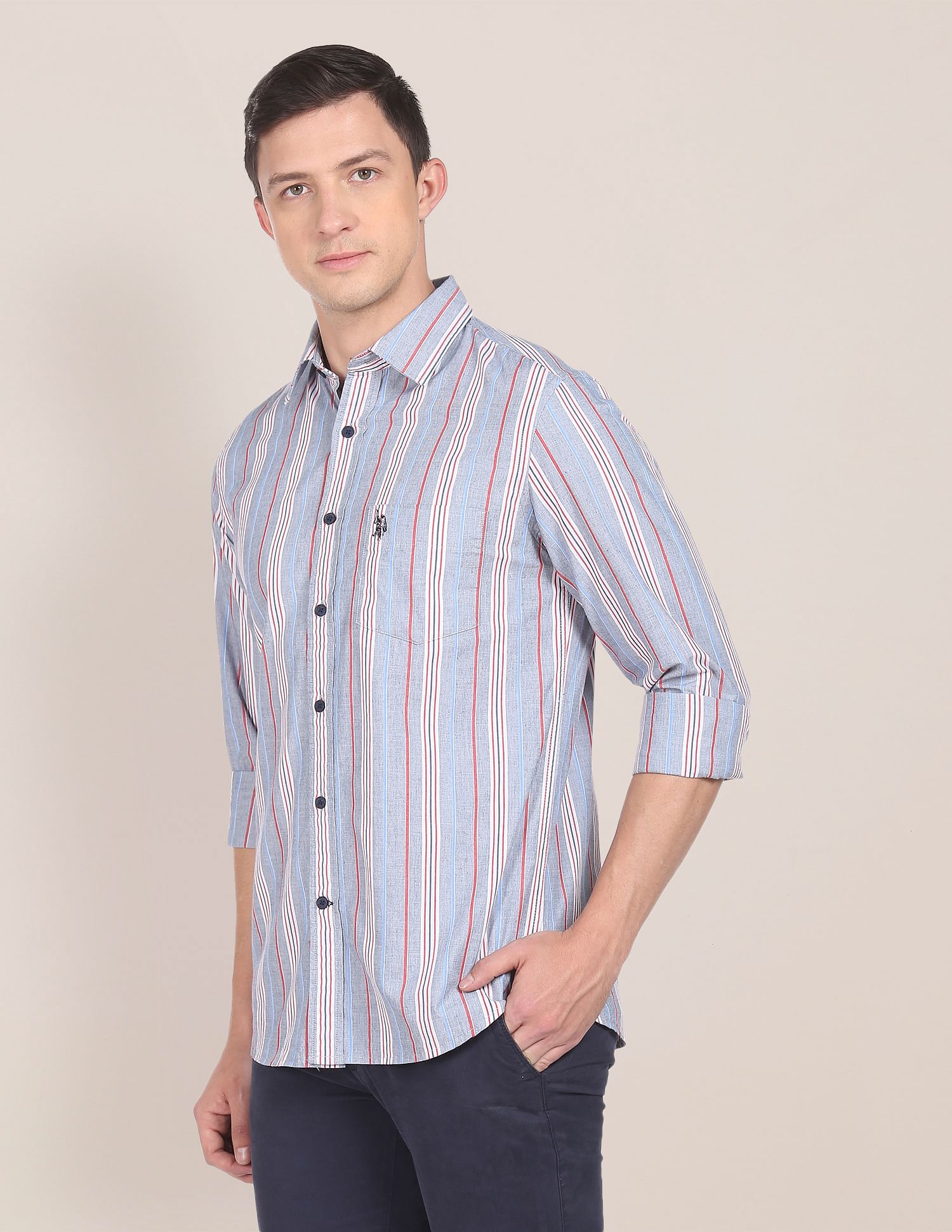 Vertical Stripe Cotton Casual Shirt Light Grey - U.S. POLO ASSN. | Large