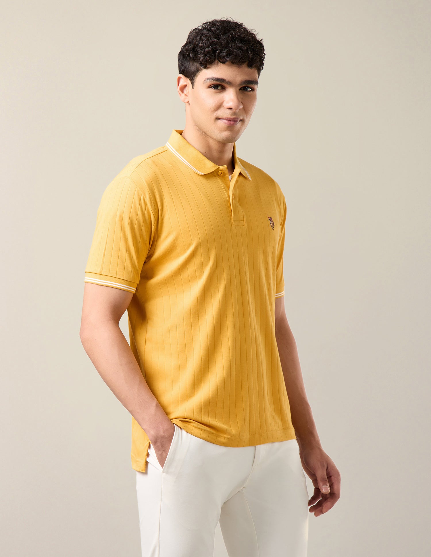 Patterned Knit Slim Fit Polo Shirt Mustard - U.S. Polo Assn. India | Large